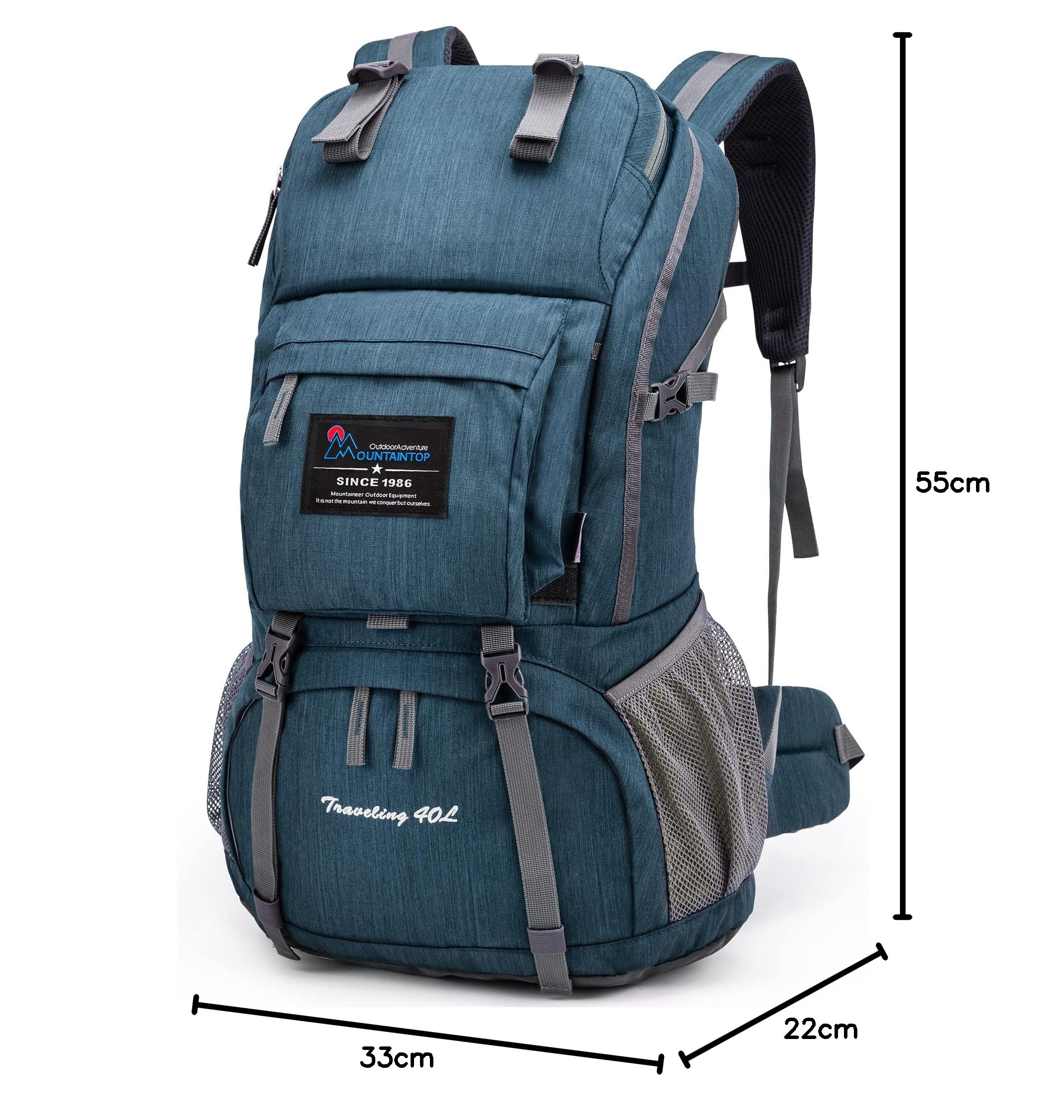MOUNTAINTOP Mochila de senderismo de 40 litros para mujeres y hombres, para viajes al aire libre, camping, mochila de día con cubierta para la lluvia, 21.7 x 13 x 7.9 pulgadas, color azul ahumado