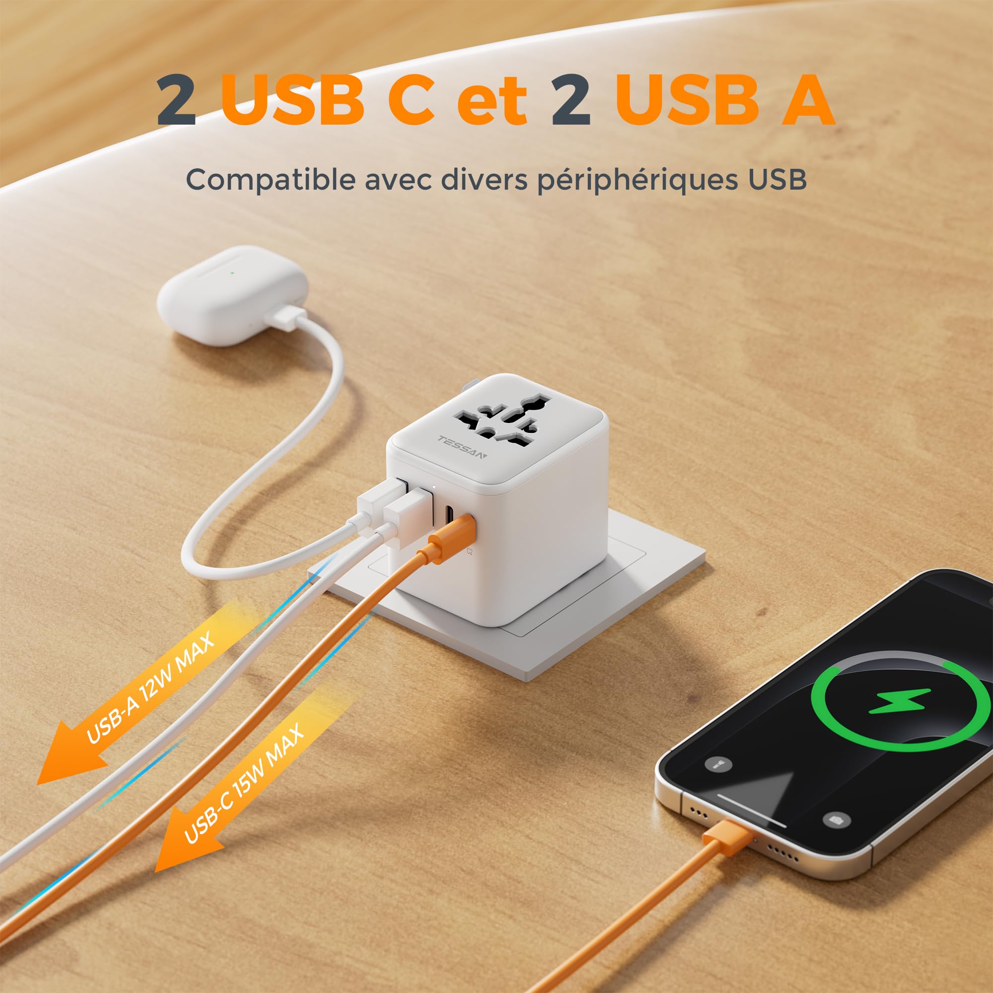 TESSAN Adaptateur Prise Universelle, Chargeur Universel 2 USB C 2 USB A Voyage France vers UK USA Canada Australie
