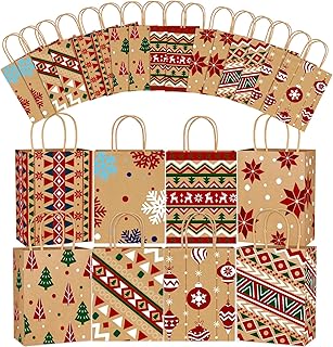 DIYDEC 24PCS Christmas Kraft Gift Bags 8 Styles Xmas Wrapping Paper Bags Medium Size Xmas Gift Bags with Handles Reusable Goody Treat Bags Bulk for Holiday Party Favor Supplies