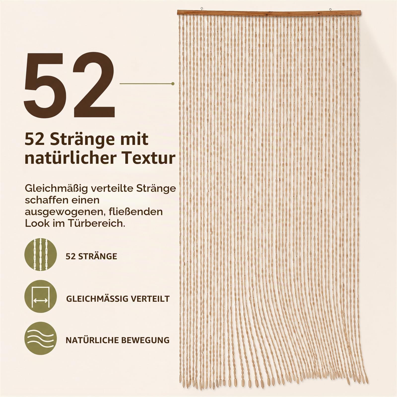 Bambus Perlenvorhang Türvorhang 52 Stränge Retro Holzperlenvorhang Natur Perlenvorhang Fadenvorhang Insektenschutz Fliegenschutz 90x200cm