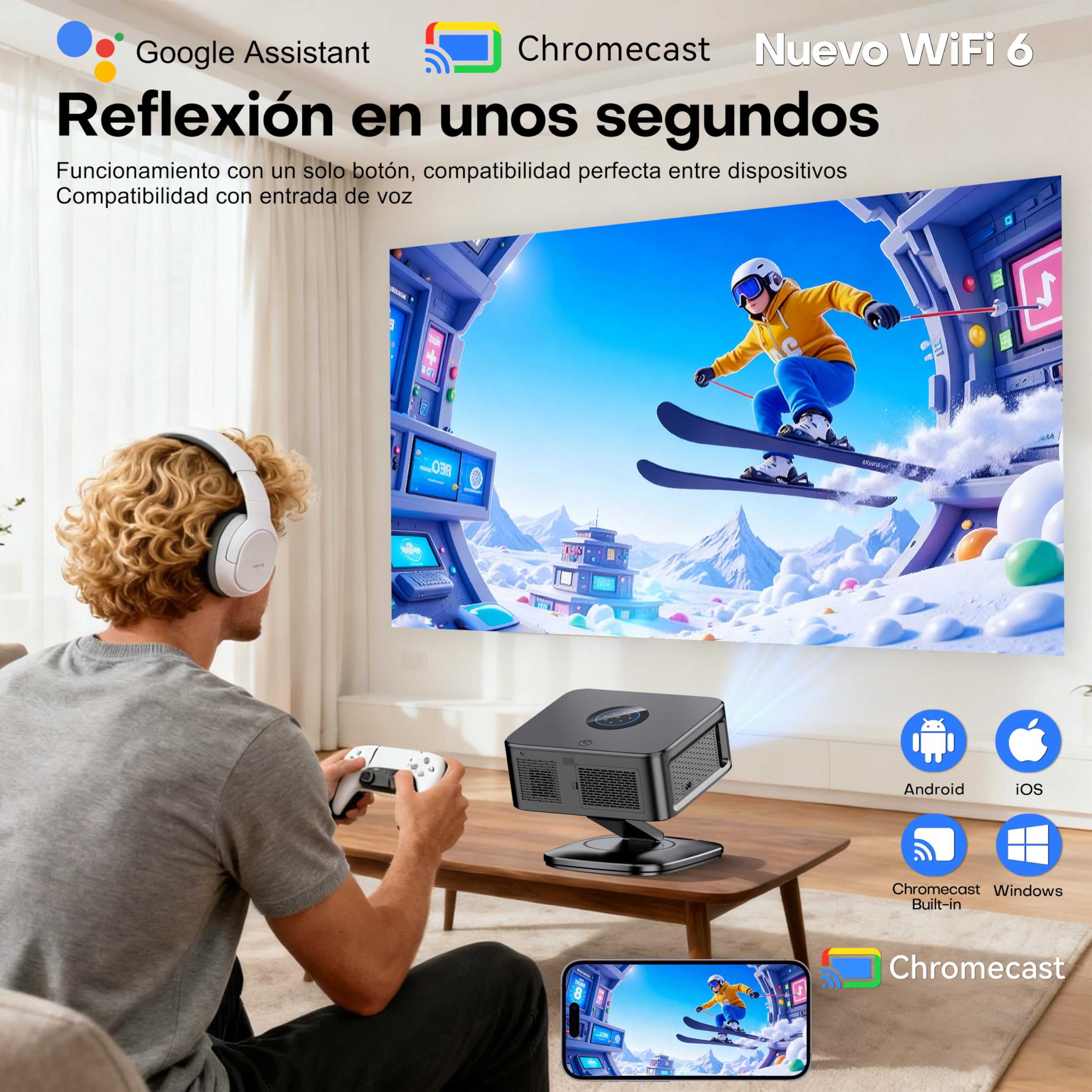 Proyector 4K【1500 ANSI/Google TV/Netflix Oficial】 Horlat 38000Lúmenes Proyector Portatil, Gira 360 °,Full HD 1080P Nativo, WiFi6 &Bluetooth 5.3, Control de Voz Projector en Casa/Exterior