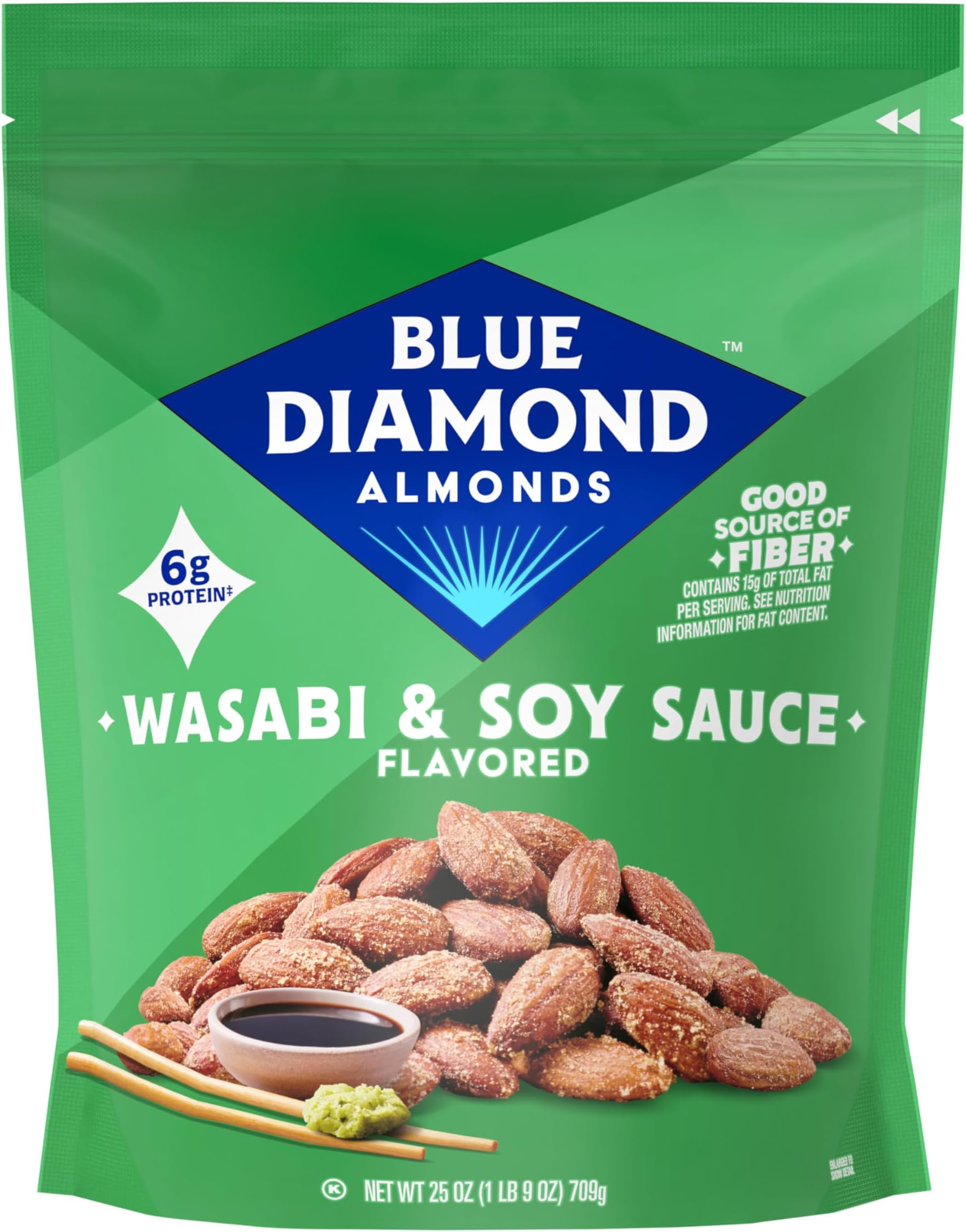 Blue Diamond Almonds, Bold Wasabi & Soy Sauce Flavored Snack Nuts, Bulk Bag, Pantry Staple, GMO-Free, Great for Parties, Lunch, Events, Holiday, and Healthy Snacking, 25 Oz Resealable Bag (Pack of 1)