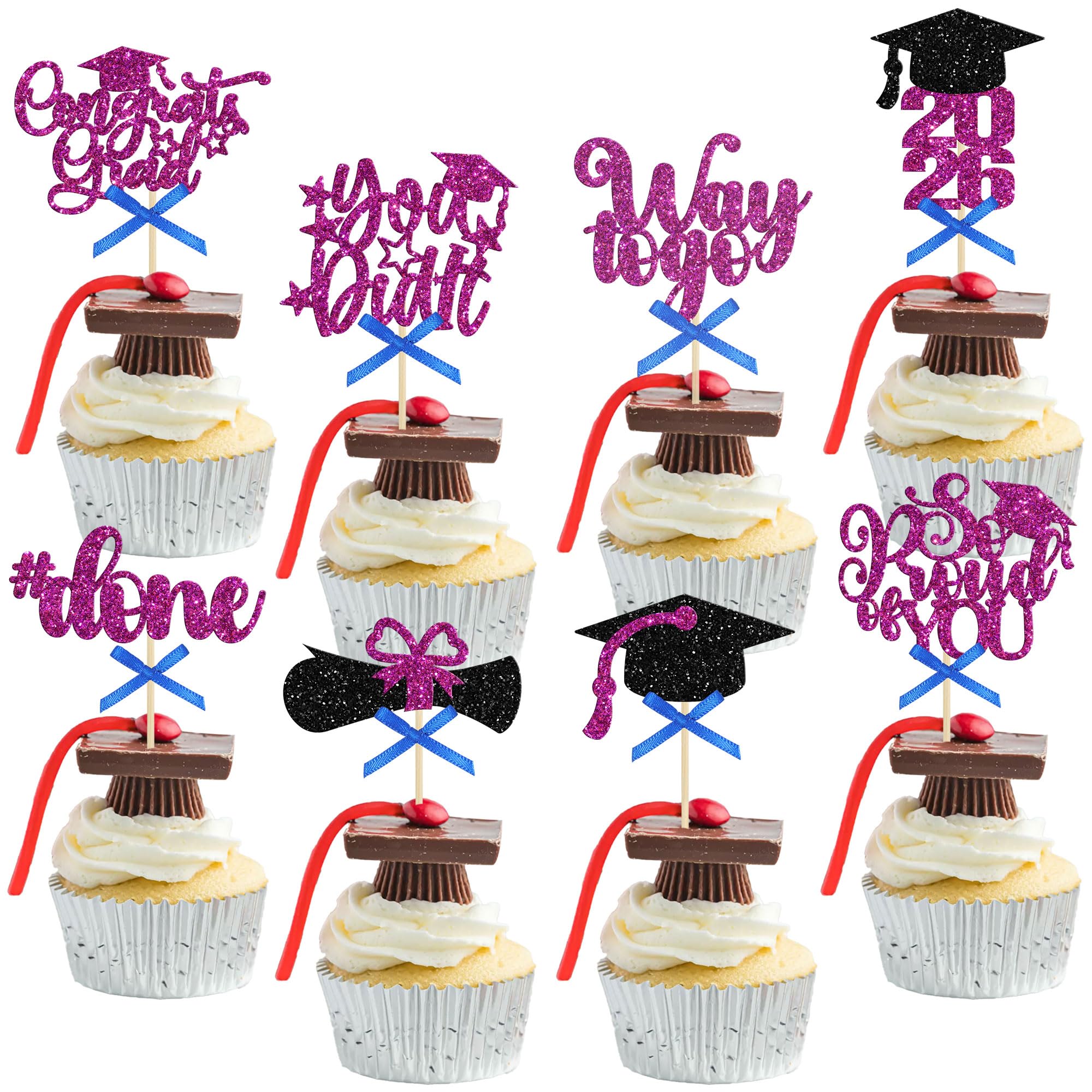 Gyufise 32Pcs 2026 Graduation Cupcake Toppers Glitter So Proud of You Done Diploma Grad Cap Cupcake Picks You Did it Cake Decorations for 2026 Graduation Party Decorations Supplies Purple