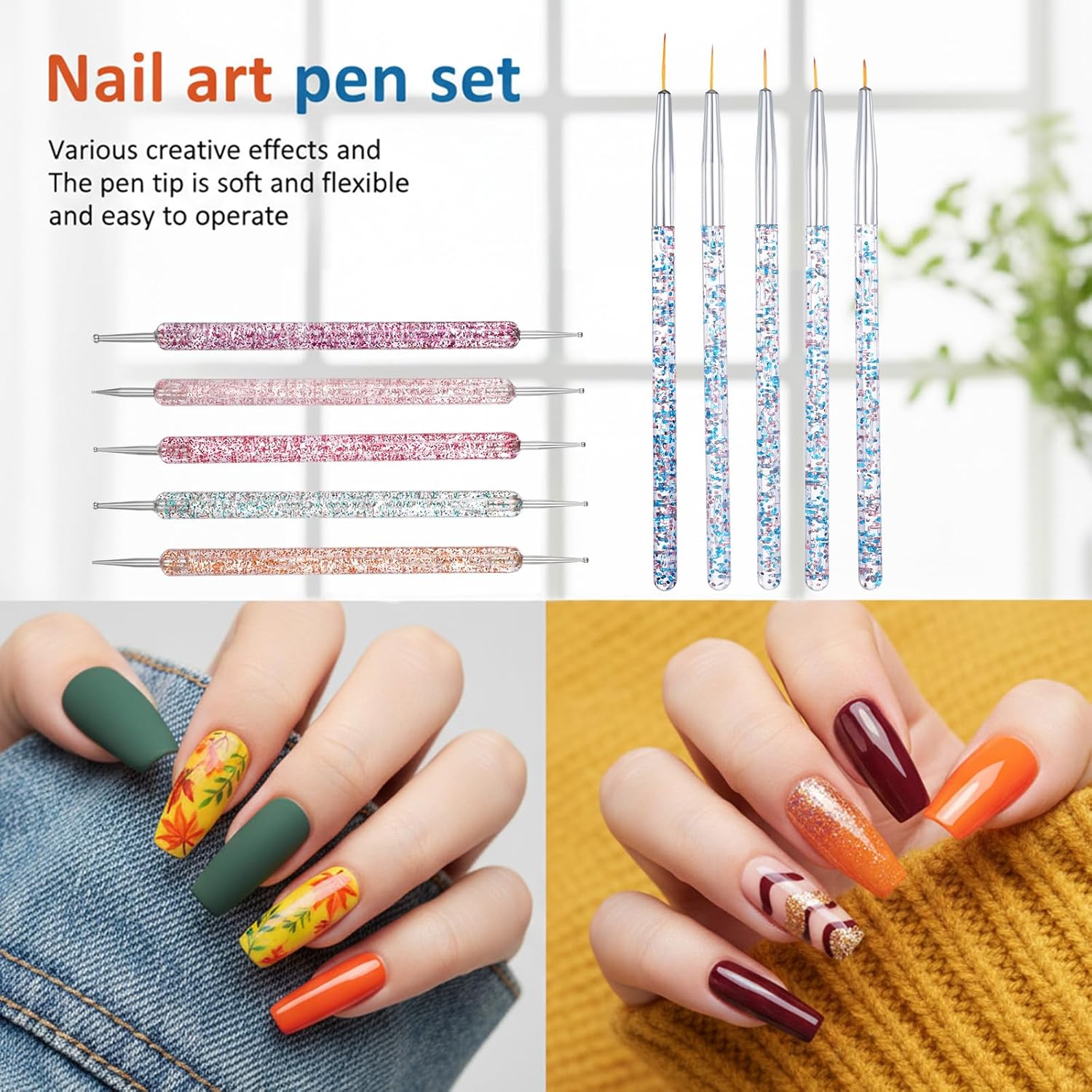 10 PCS Nail Art Dotting Tool, Dual Ended Dotting Pen, Nail Art Liner Brushes for DIY Nails Design Professionals Beginners