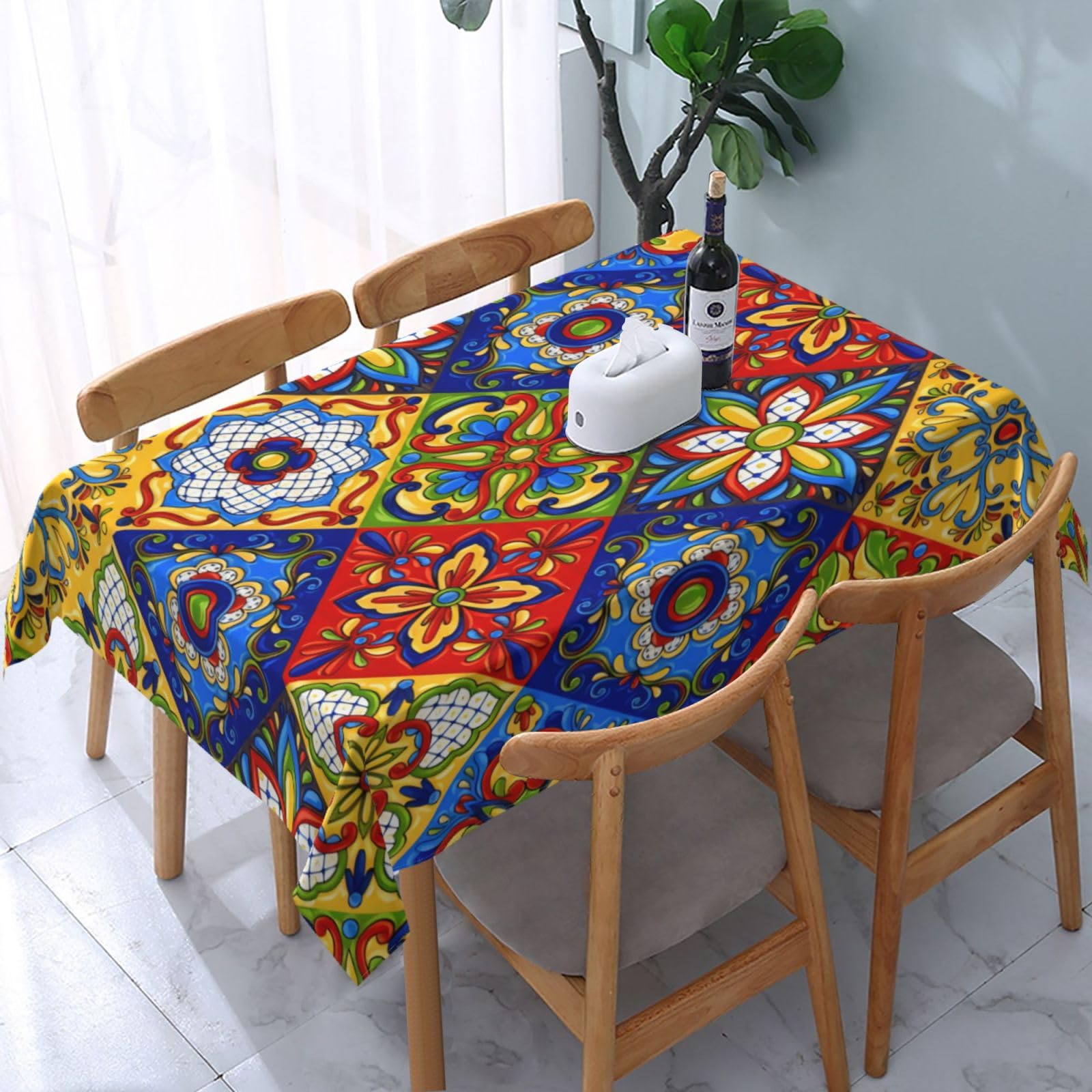 HLBSDM Mexican Talavera Ceramic Tiles Rectangle Tablecloth, Suitable for Wedding, Party and Restaurant Festival Gathering Event Polyester Fabric Decorative Tablecloth(54x72in)
