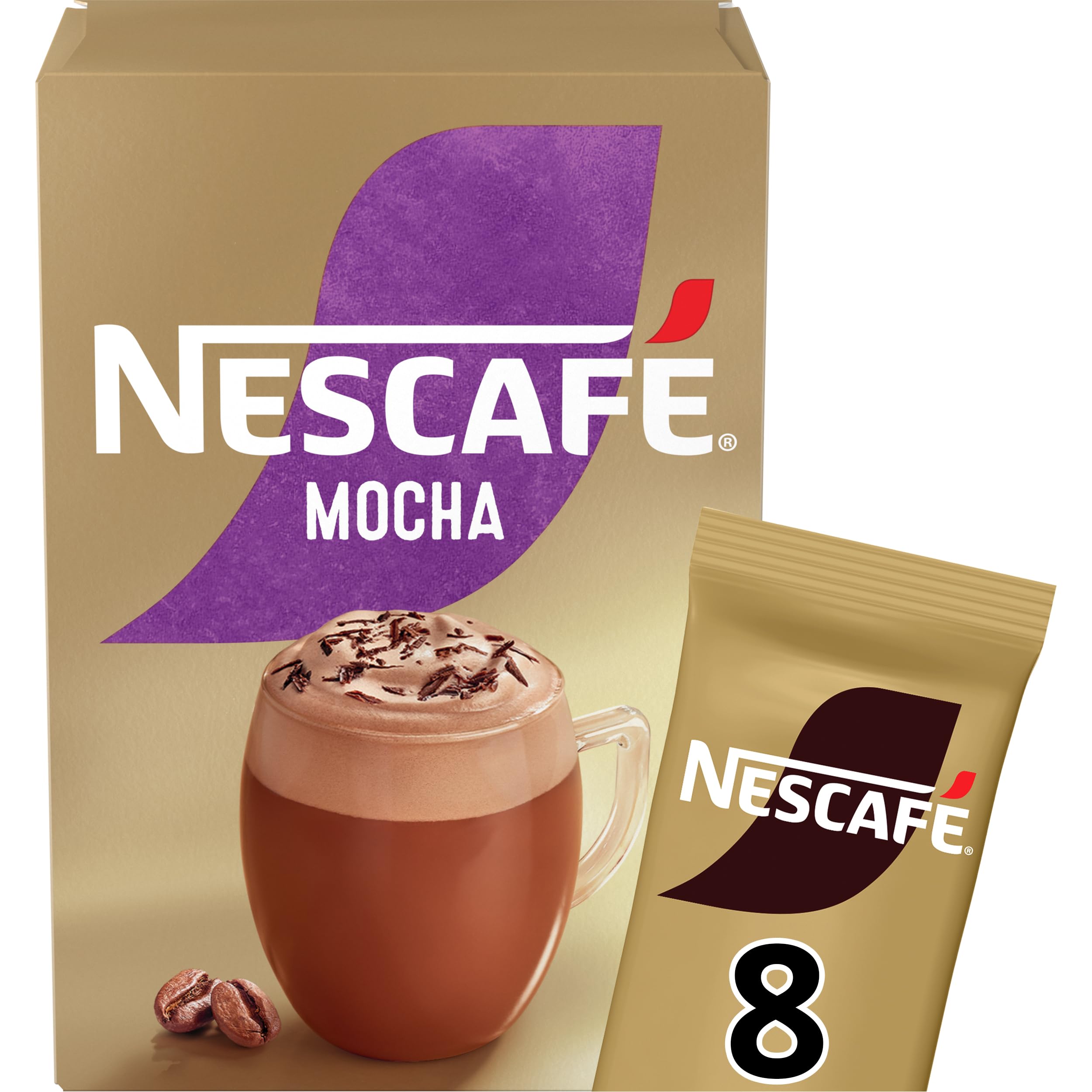 NESCAFÉ Goldener Mokka, cremiger löslicher Kaffee mit Magermilch, Cappuccino-Schokoladengeschmack, Packung mit 6 Hüllen mit 8 Beuteln, insgesamt 48 Beutel