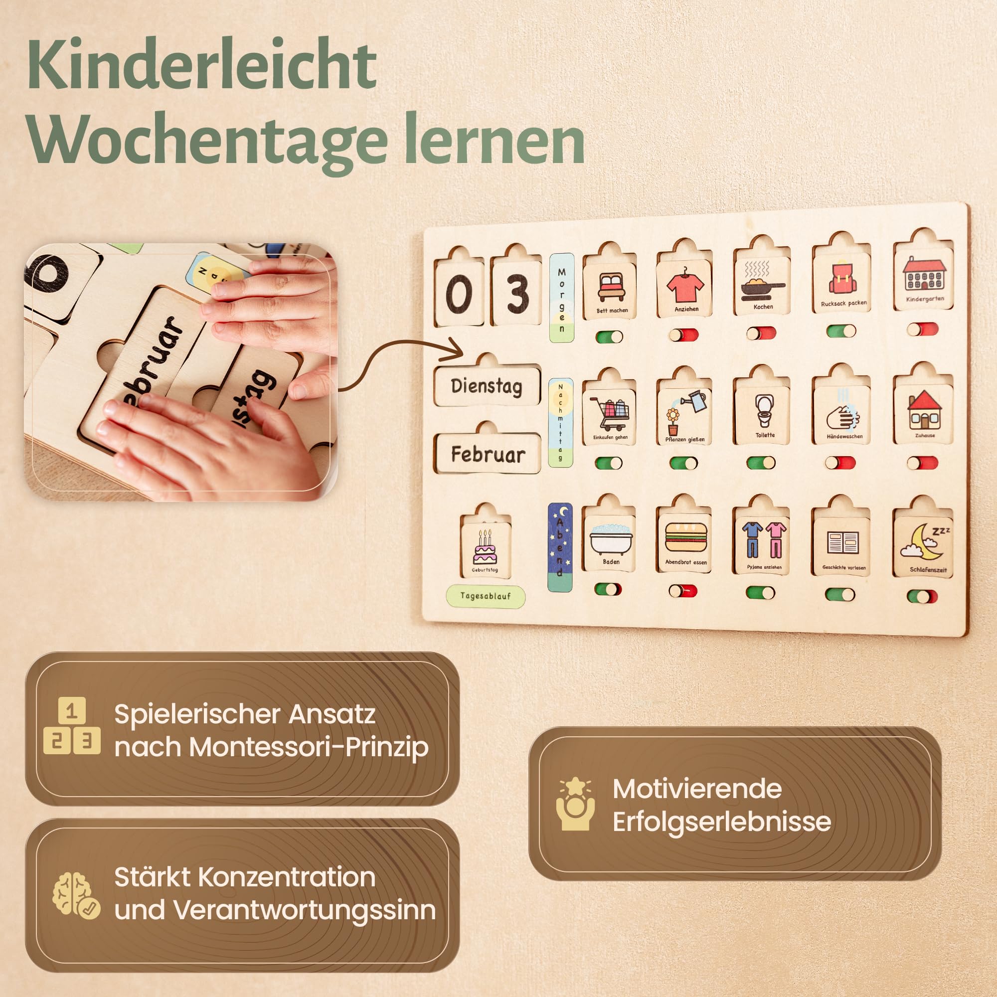 Premium Montessori Kalender & Tagesplaner Holz Kinder - Routinehilfe & Aufgabenplaner für Morgen, Mittag, Abend | Jahreszeiten, Feiertage, Wochentage | 100+ Symbole, Schieberegler & Box