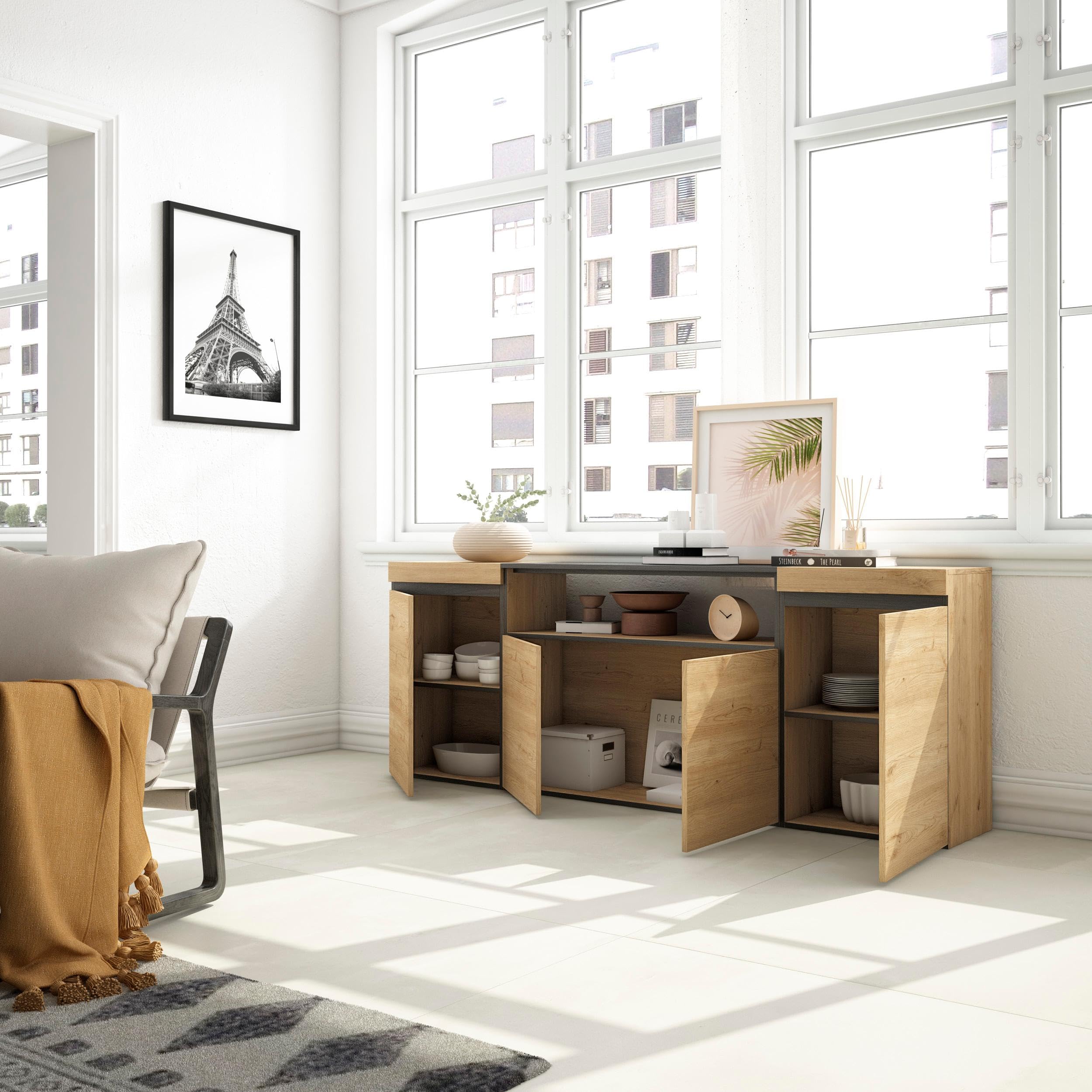 Skraut Home | Sideboard, Highboard | Kommode, Komodenschrank | 200x75x35cm | 4 Türen | Wohnzimmer, Küche | Moderner Stil | Eiche Schwarz