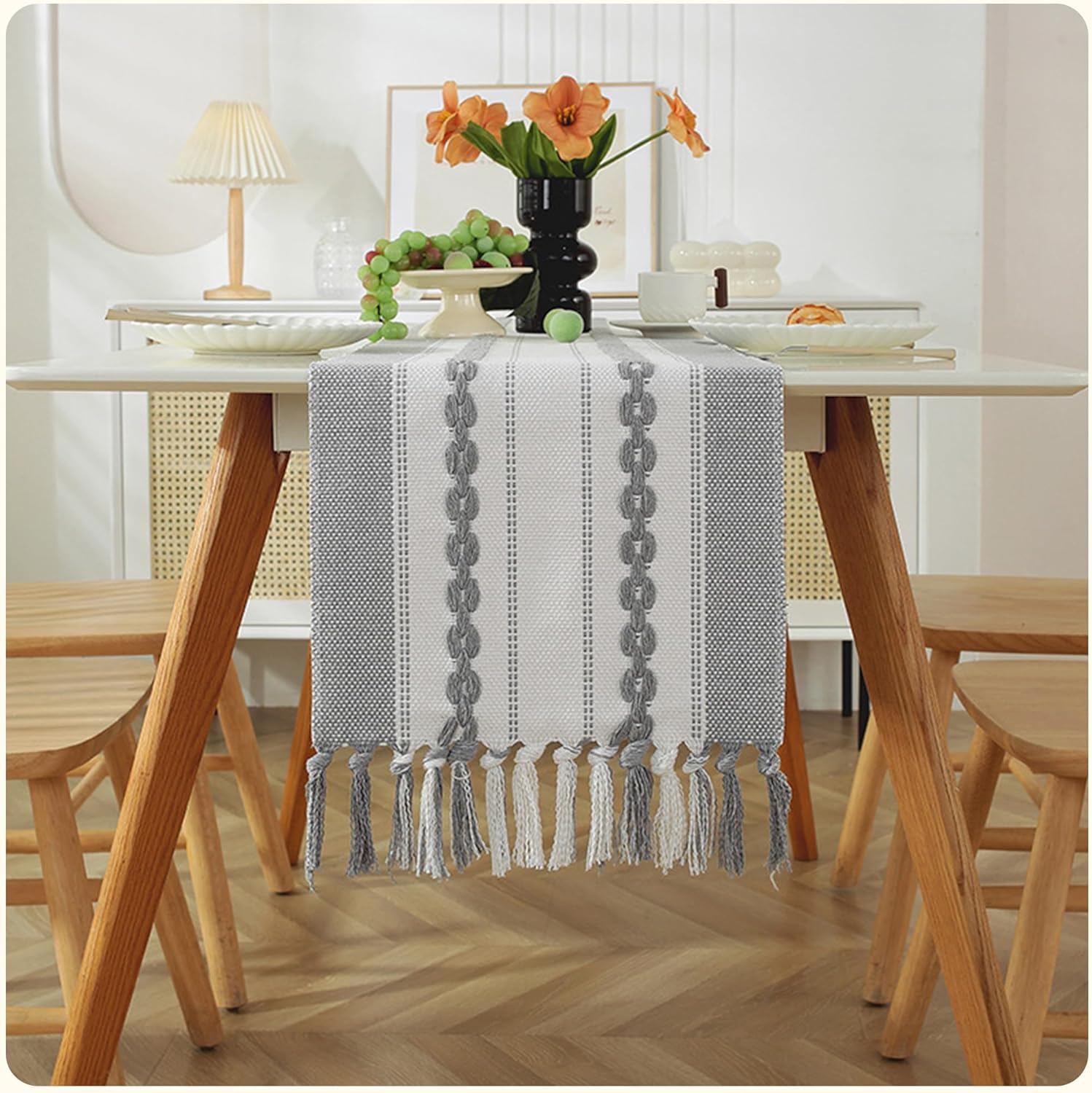 Embroidery Table Runner with Tassel 3D Flowers Polyester Table Runner for Dining Room, Kitchen Counter, for Farmhouse Wedding, Party, Dinner(13''X70'', Grey)