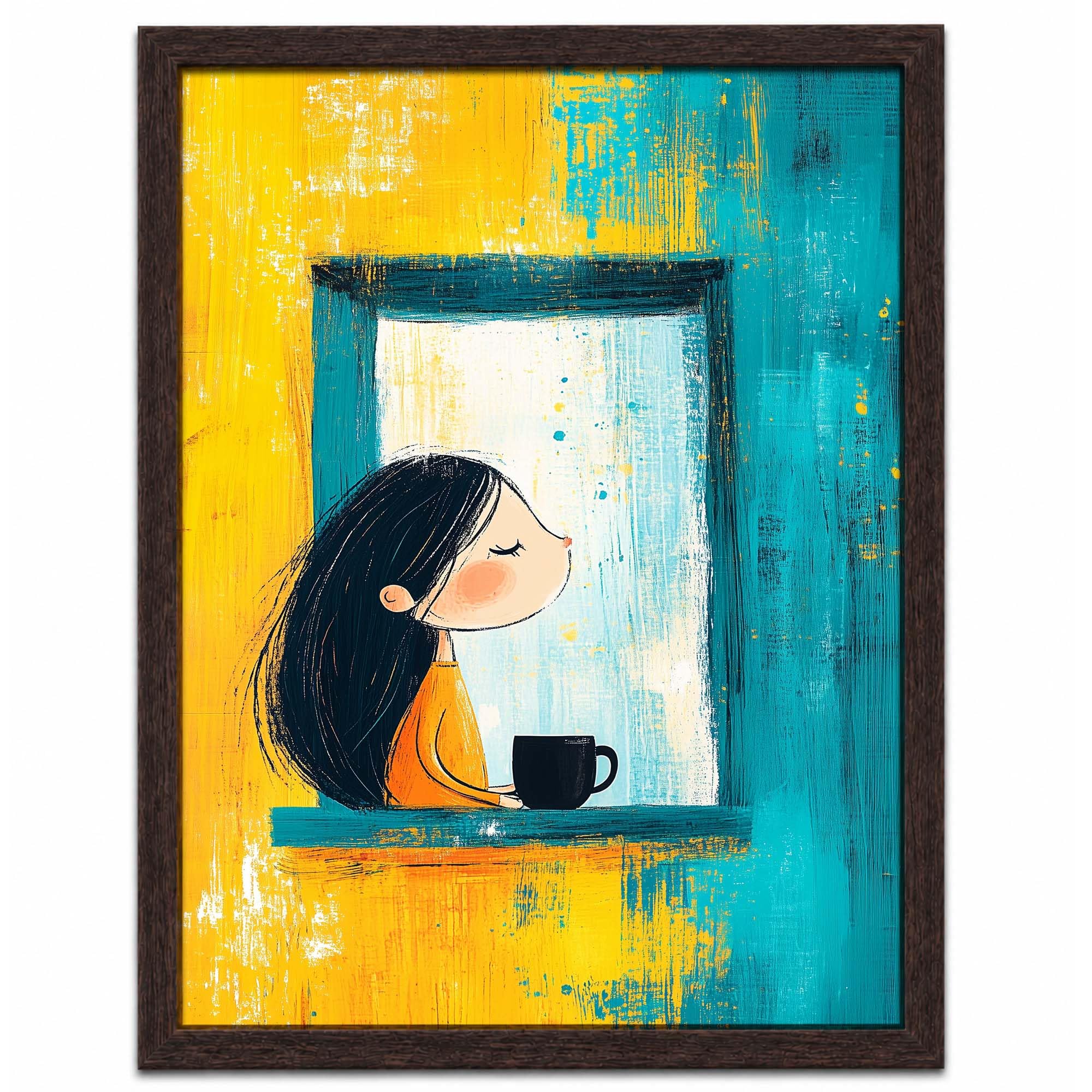 SERENE MORNING - PAPER PAJAMA - Cute Minimal Girl with Coffee Window Scene Yellow Teal Background Framed Wall Art Modern Whimsical Illustration - 10x13 Inches-image-3