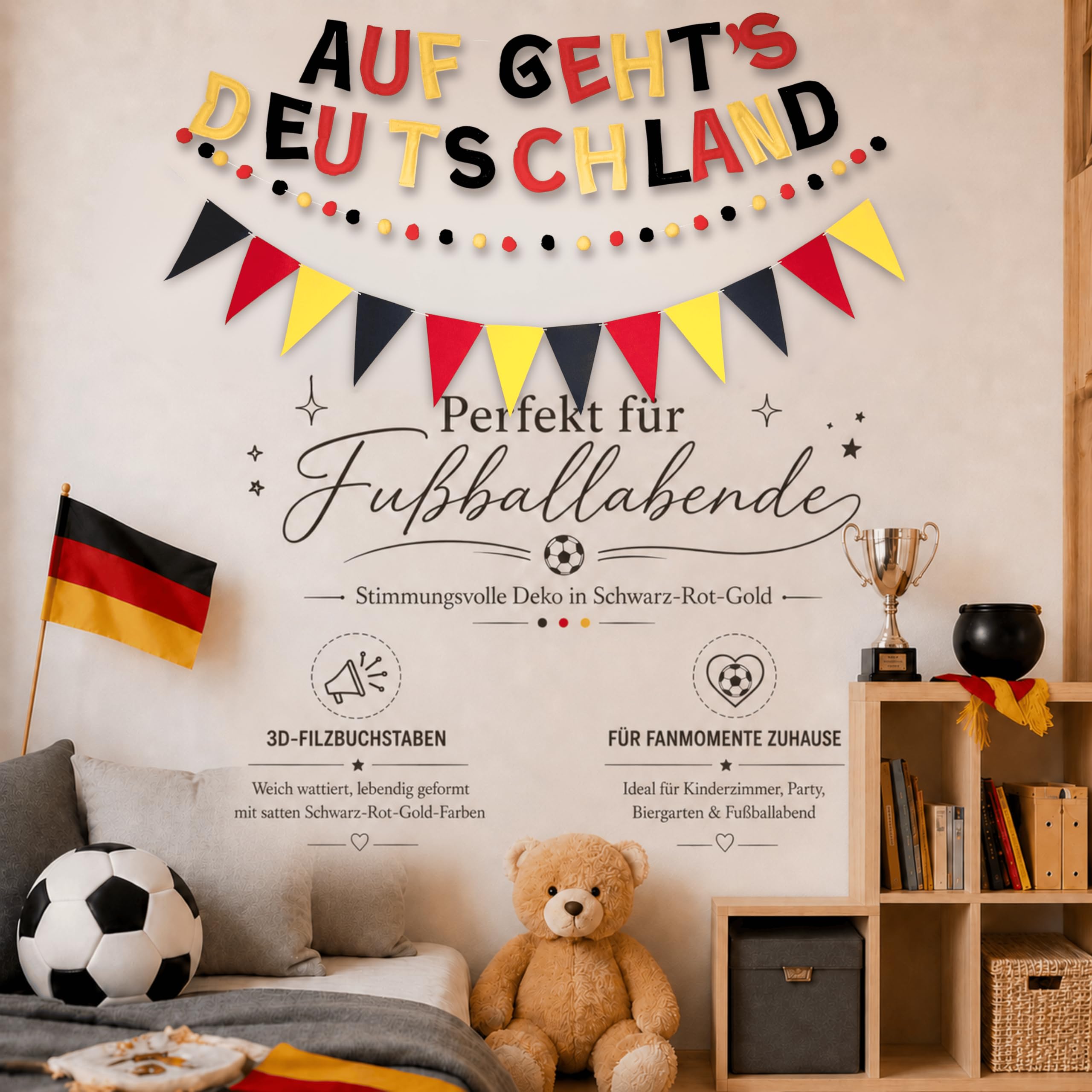 Auf geht’s Deutschland Fan Girlande aus Filz, 3-teiliges Fußball Deko Set | Vorgefädelt & sofort aufhängbar, mit Wimpelkette und Filzkugeln – Fußball PartyDeko für WM-Abend, Garten, Bar & Fanbereich