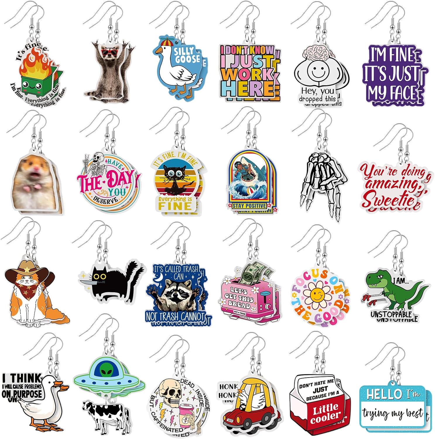 Nosiny 24 Pairs Funny Acrylic Earrings Pack Cute Hypoallergenic Trendy Fun Earrings Holiday Birthday Gift Kawaii Weird Earring with Hook for Women Jewelry Gift