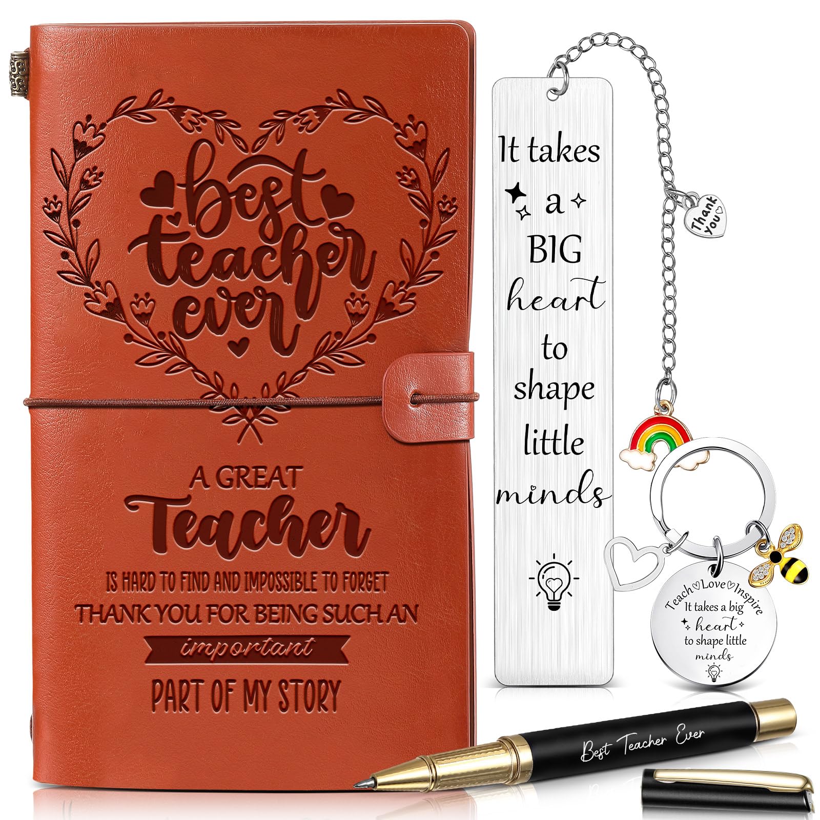 Nezyo 4pcs Teacher Gift Set, Thank You Best Teacher Ever Leather Journal Appreciation Notebook with Inspirational Keychain Pen Bookmark Leaving Gifts from Student End of Term Retirement
