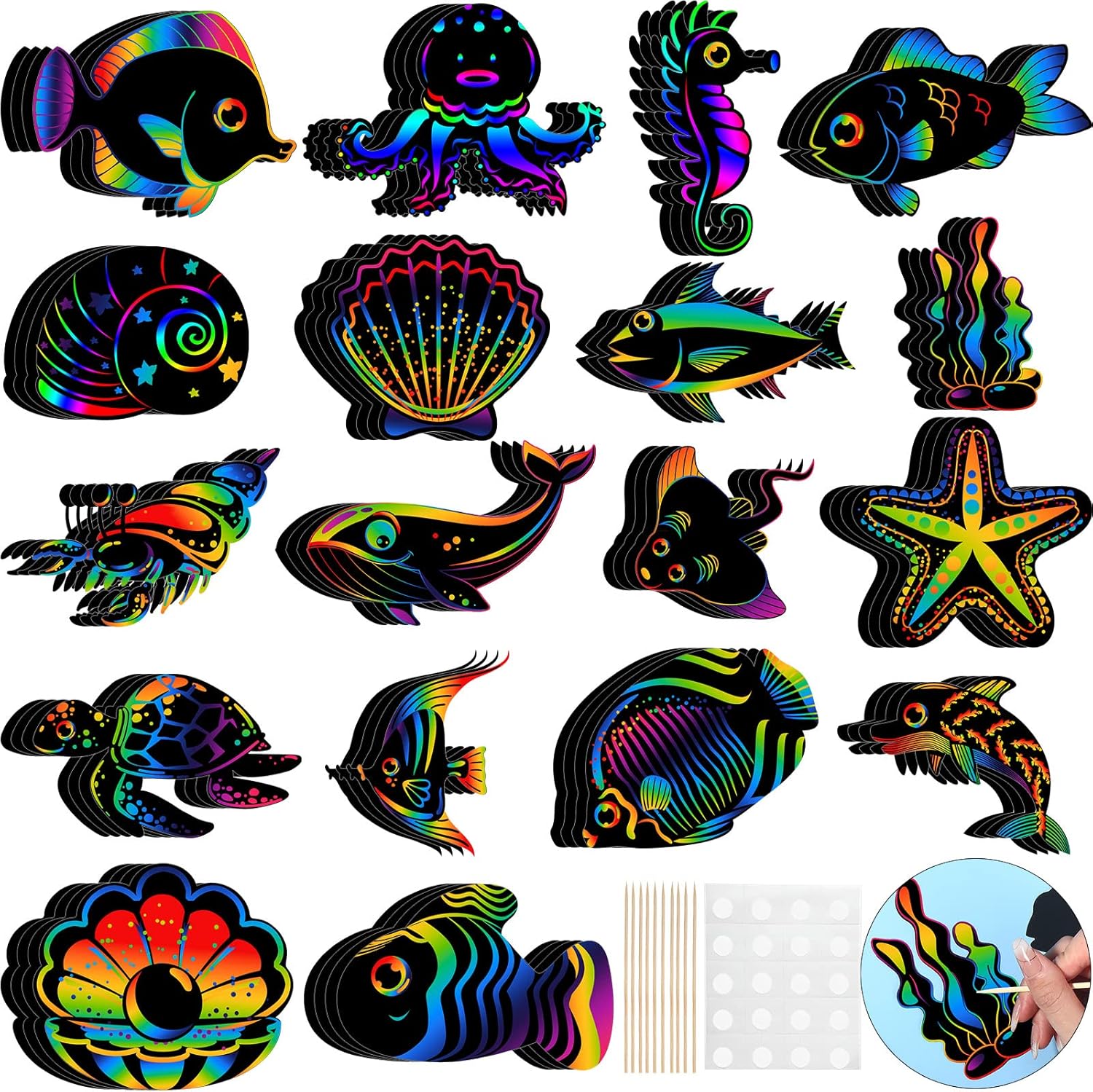 Lenwen Ocean Crafts for Kids Sea Animals Scratch Art Cards