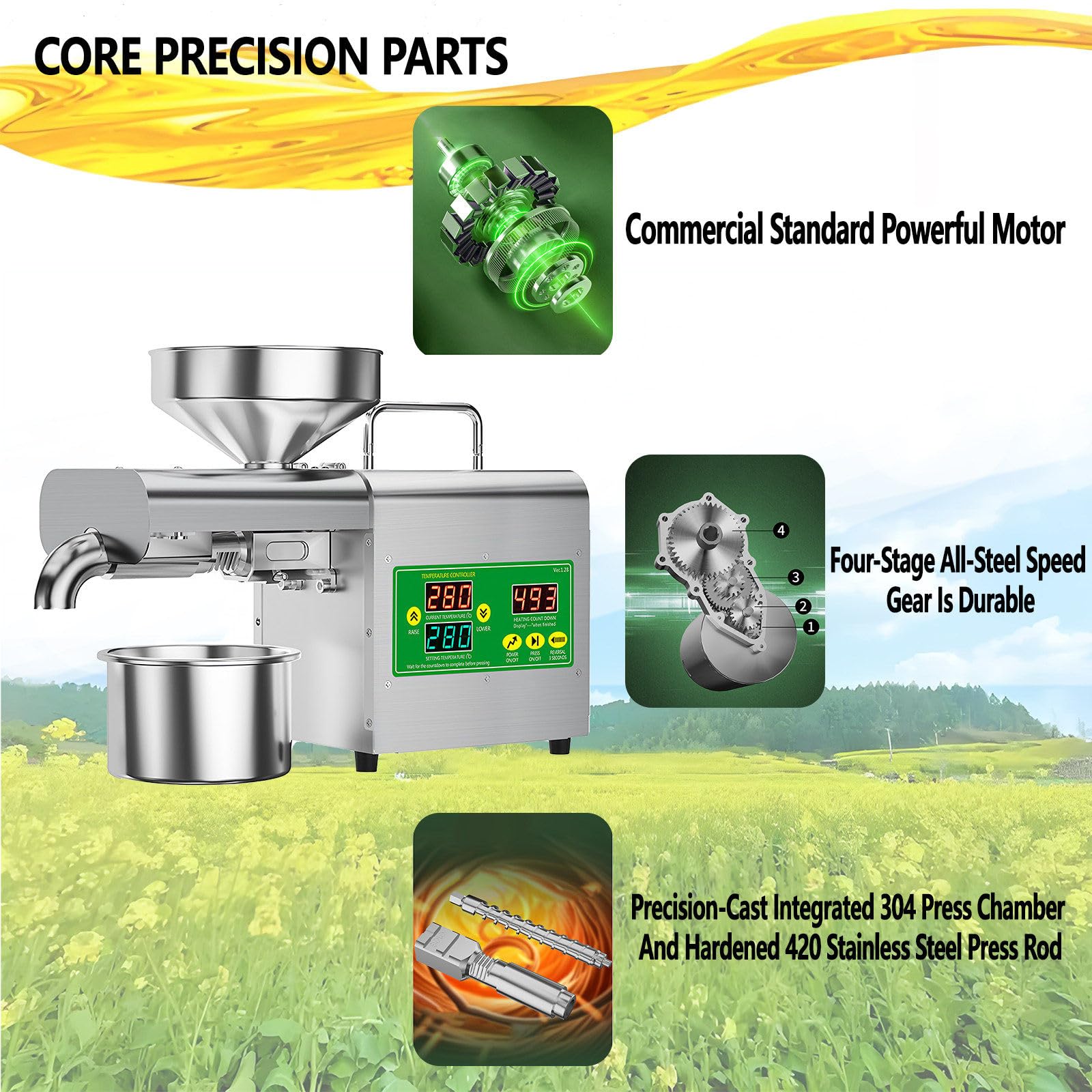 Expulsor automático de prensa de aceite, máquina de prensa fría/caliente de 1500 W con varilla de prensado extendida, para aceites de maní, sésamo, girasol, nogal, 110 V/220 V