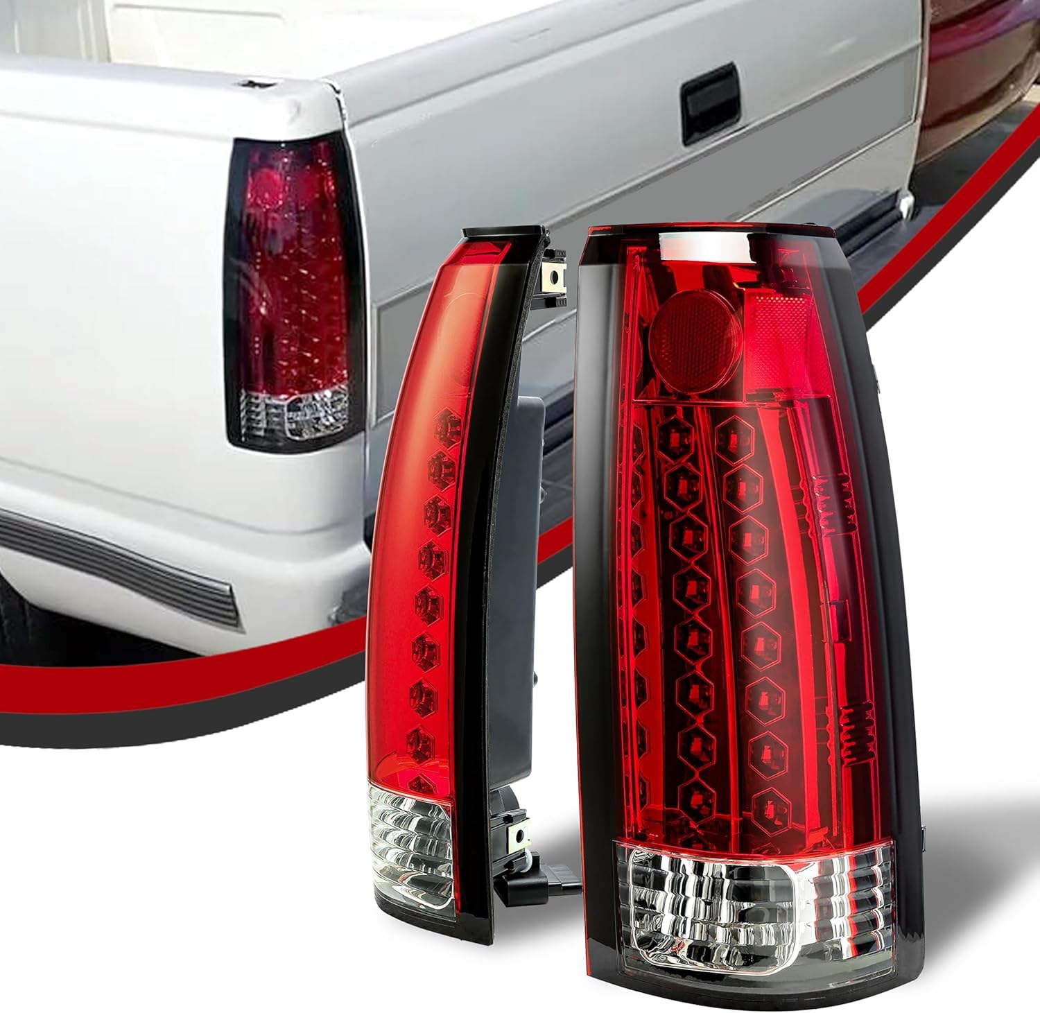 ECOTRIC Taillights Compatible with 1988-2000 Chevy GMC C/K 1500 2500 3500 Pickup Suburban Tahoe Yukon Blazer W/O Bulbs Pair Red Lens Rear Brake LED Tail Lights