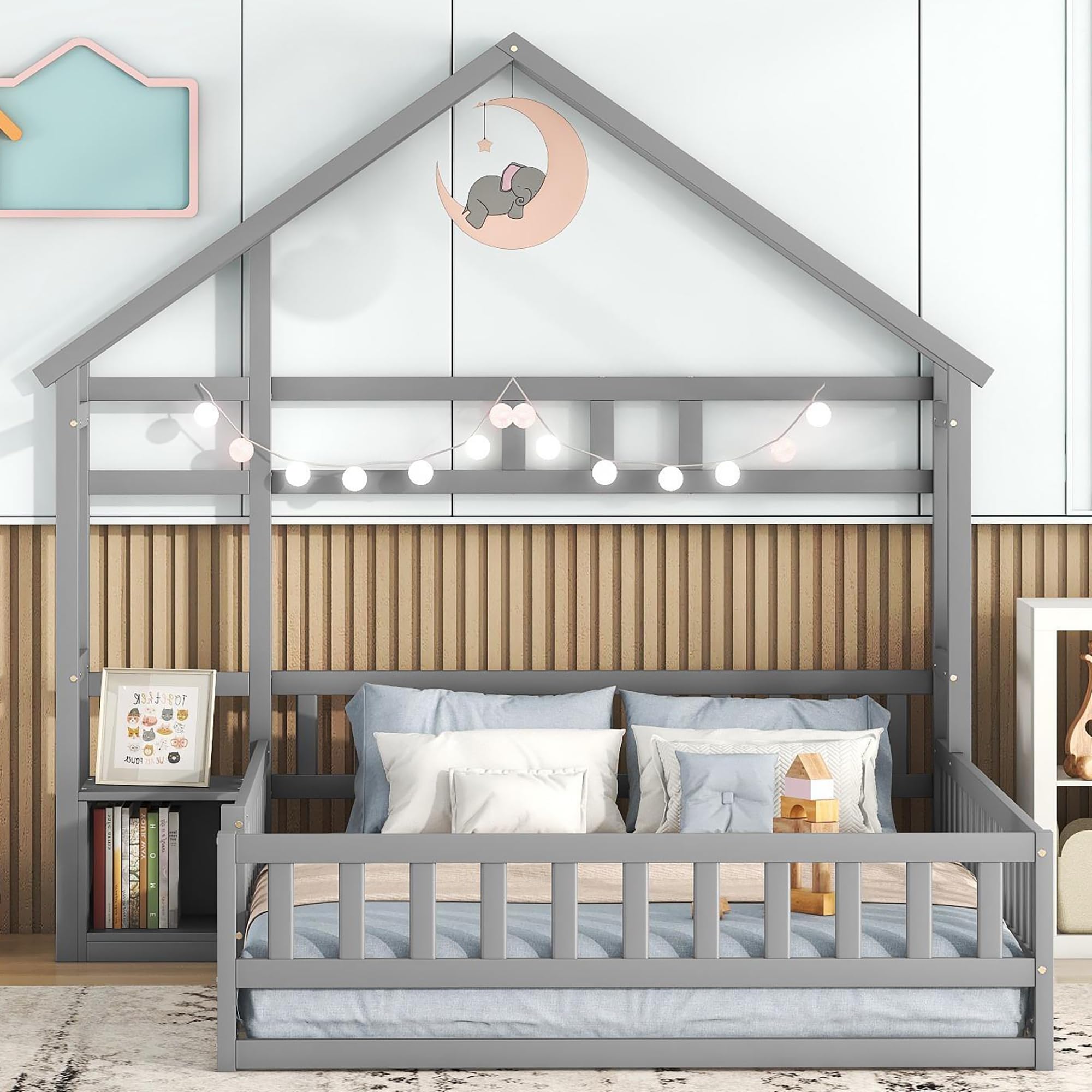 Dolamaní Bodenbett 140x200 cm Kinder mit Rausfallschutz -Montessori Kinderbett für Jungen & Mädchen, mit Nachttisch & Dekorative Haushalterung (Grau)