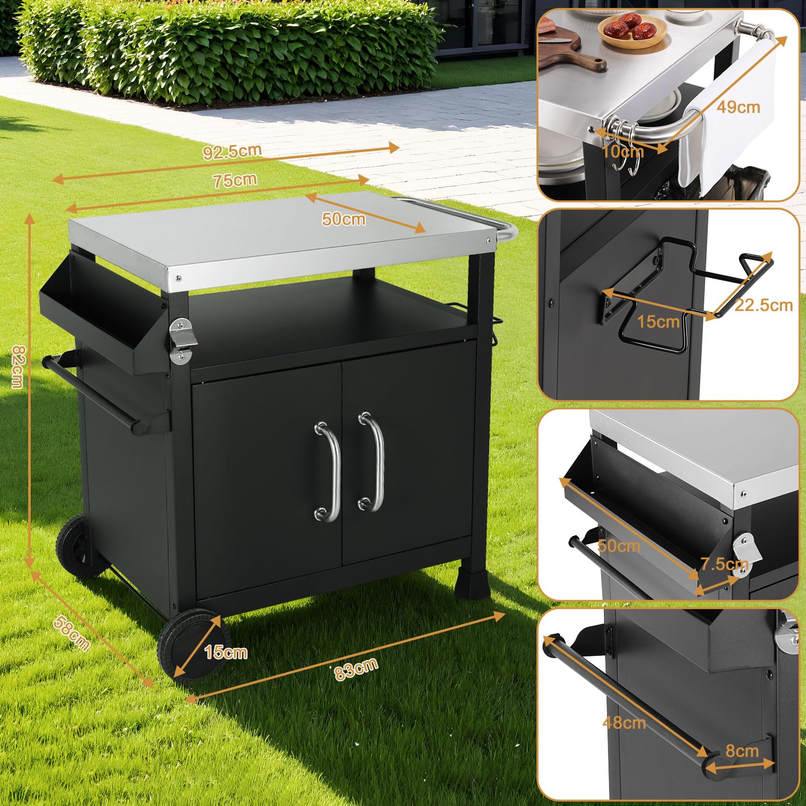 LIFERUN Carrito para Barbacoa Inoxidable,Carro de Barbacoa con Armario 2 Ruedas Ganchos,Carrito de Servicio Exterior,Mesa Auxiliar BBQ,Carro Cocina Superficie Trabajo Tnox,Picnic Fiesta Jardín Camping