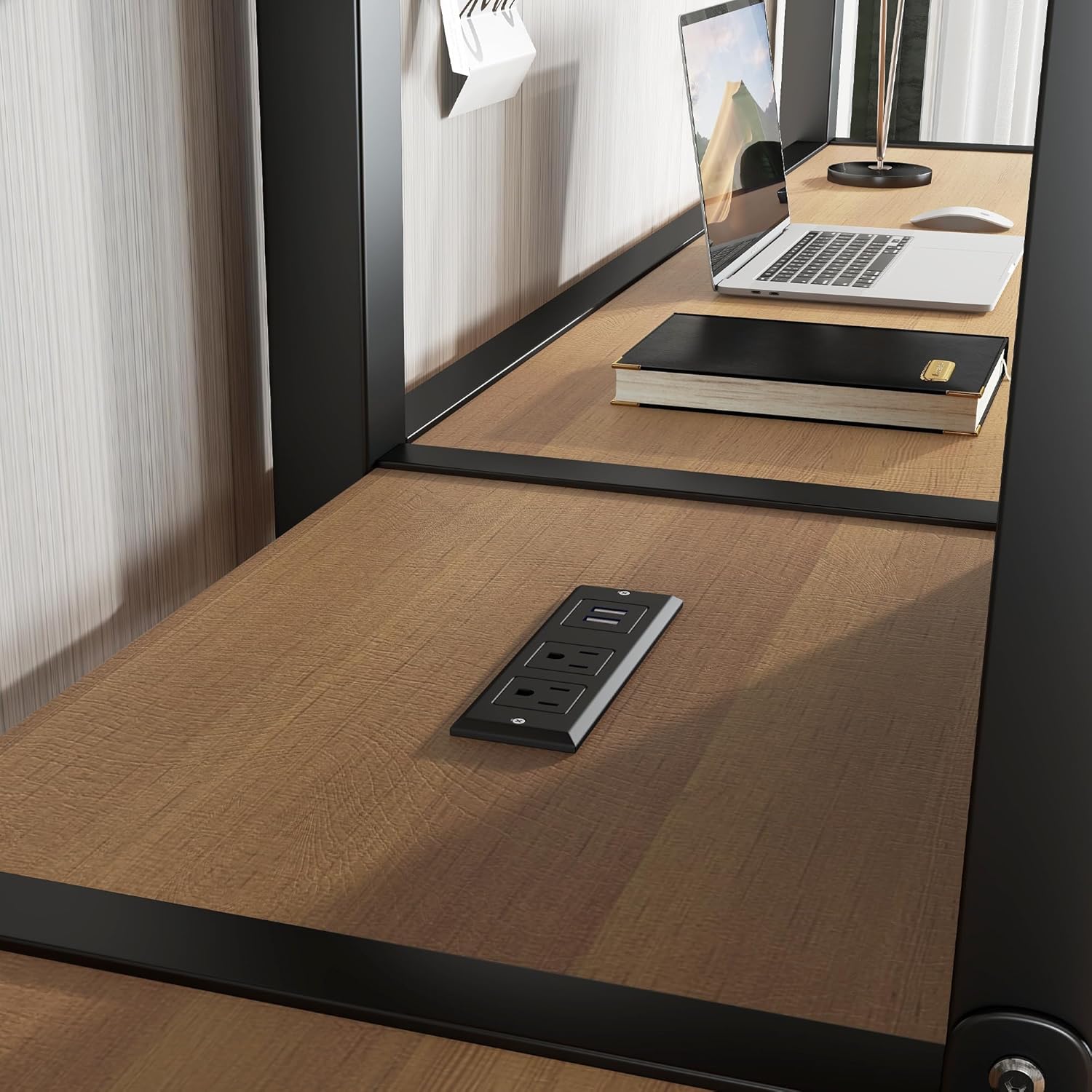 Harper & Bright Designs Metal Loft Bed with Double Desk and Wardrobe, Twin Size Loft Bed with Stairs, Shelves and Electrical Outlet, Woodgrain