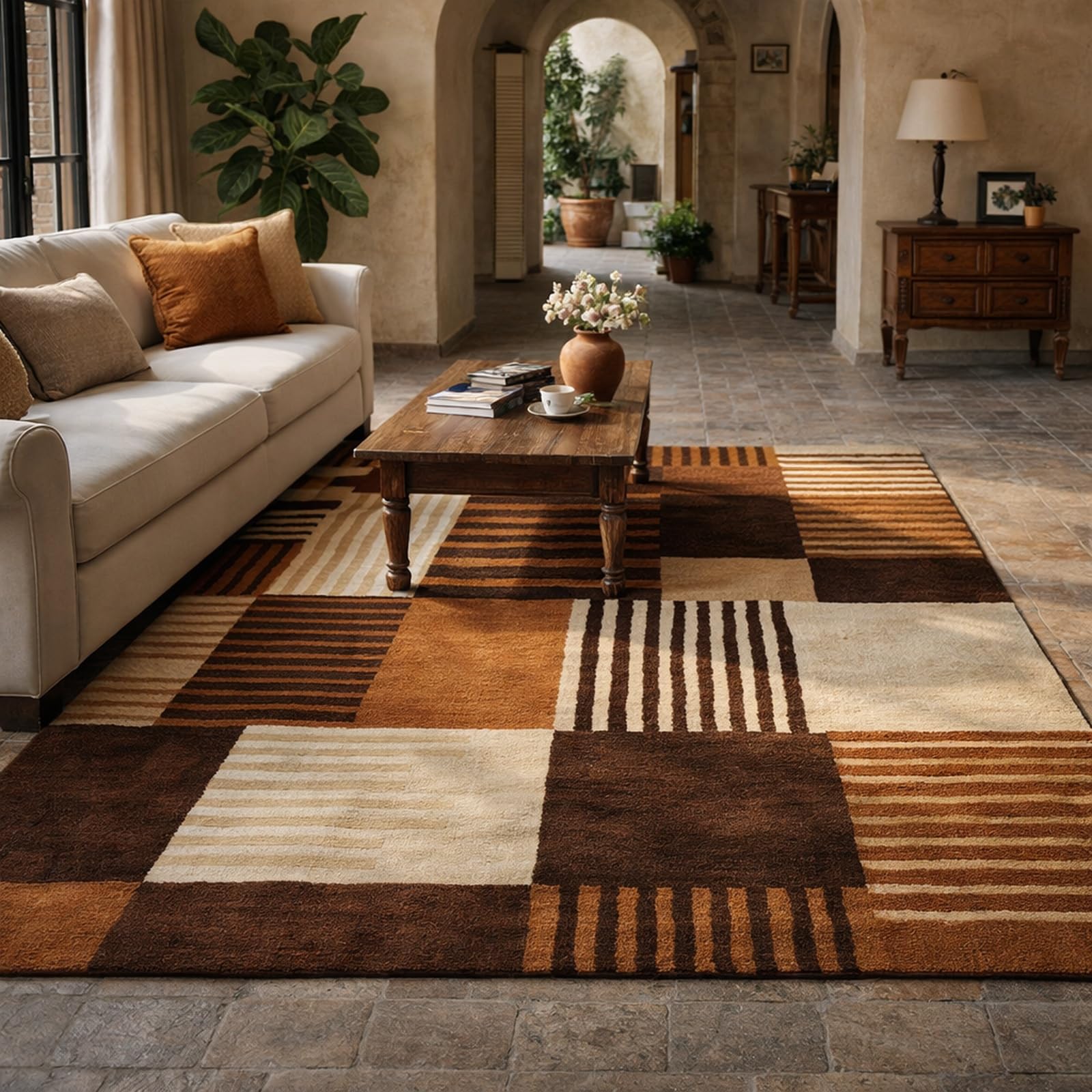 Tapis salon géométrique orange marron beige et blanc à poils courts 200x280 cm