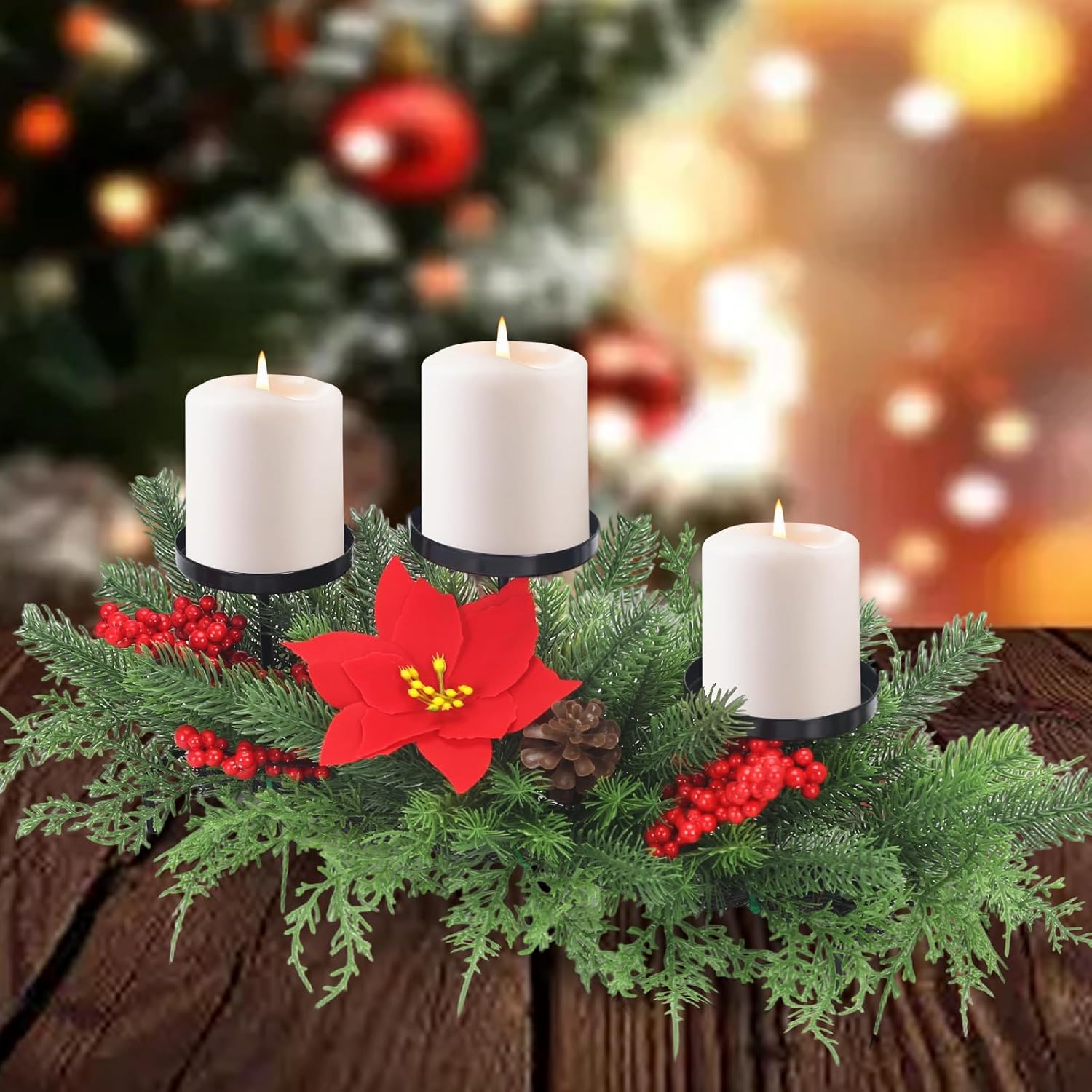 Christmas Advent Wreath Candle Holder for Table Centerpiece Decorations,Christmas Arrangements Candelabrum with 3 Candle Holders,Red Berries Pinecones,Dining Table Kitchen Fireplace Home Decor