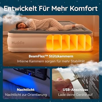 Huddle Never Deflate Air Bed 2 Person 150 x 200 x 46 cm Self-Inflating Air Mattress with Pump Perfect Guest Mattress & Camping Mattress USB-C Port & Night Light