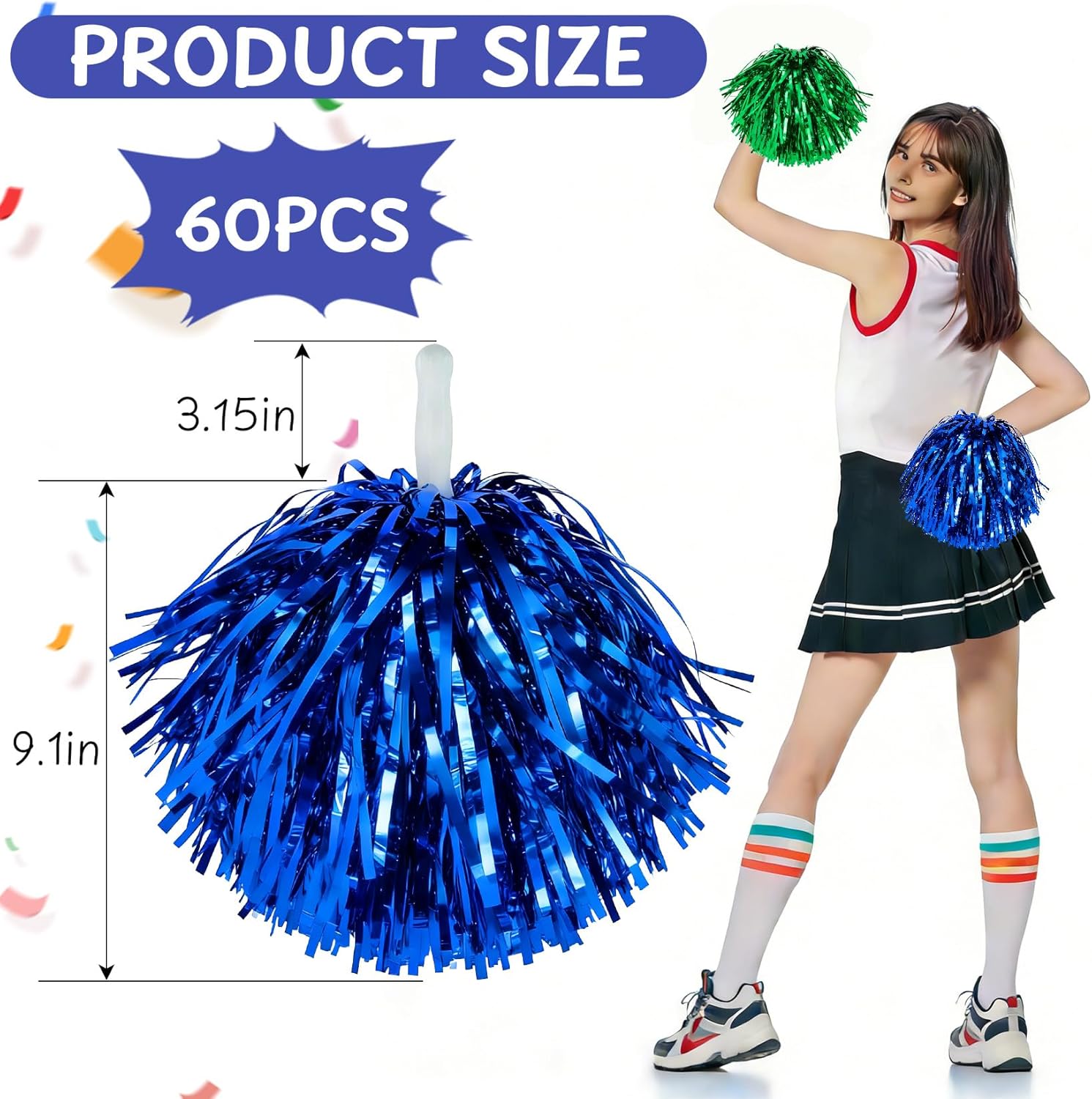 60/100PCS Pom Poms Cheerleading Metallic Foil Cheer Pom Poms with Plastic Handles, Cheerleader Pom Poms for Cheering Squad Team Spirited Sports Game Dance Party