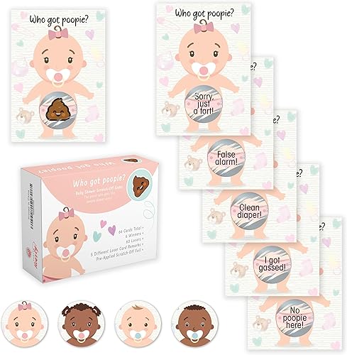 Party Hearty Juegos de baby shower para niña, 66 boletos de lotería para rascar con emoji Poopie, ideas de juegos para bebés, juego para raspar