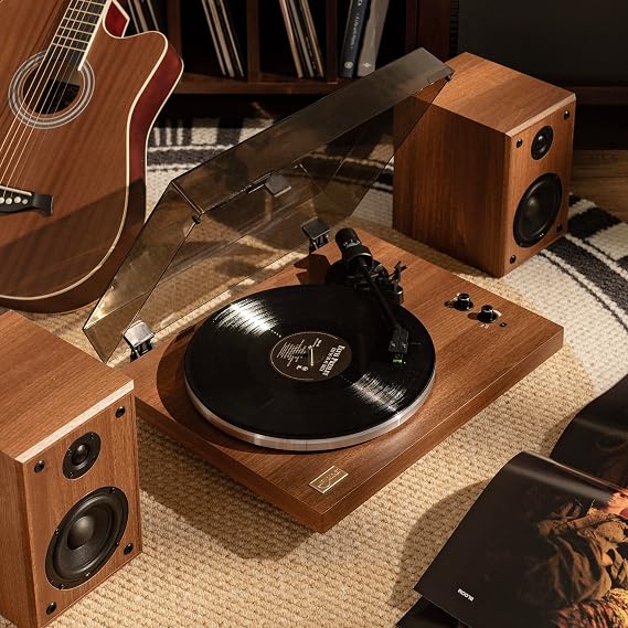 Arkrocket Cassini High Fidelity Bluetooth Record Player with Built-in Speakers Belt Drive Vinyl Turntable with Moving Magnet Cartridge, Bluetooth Input Output and Aux-in (Cassini Walnut)