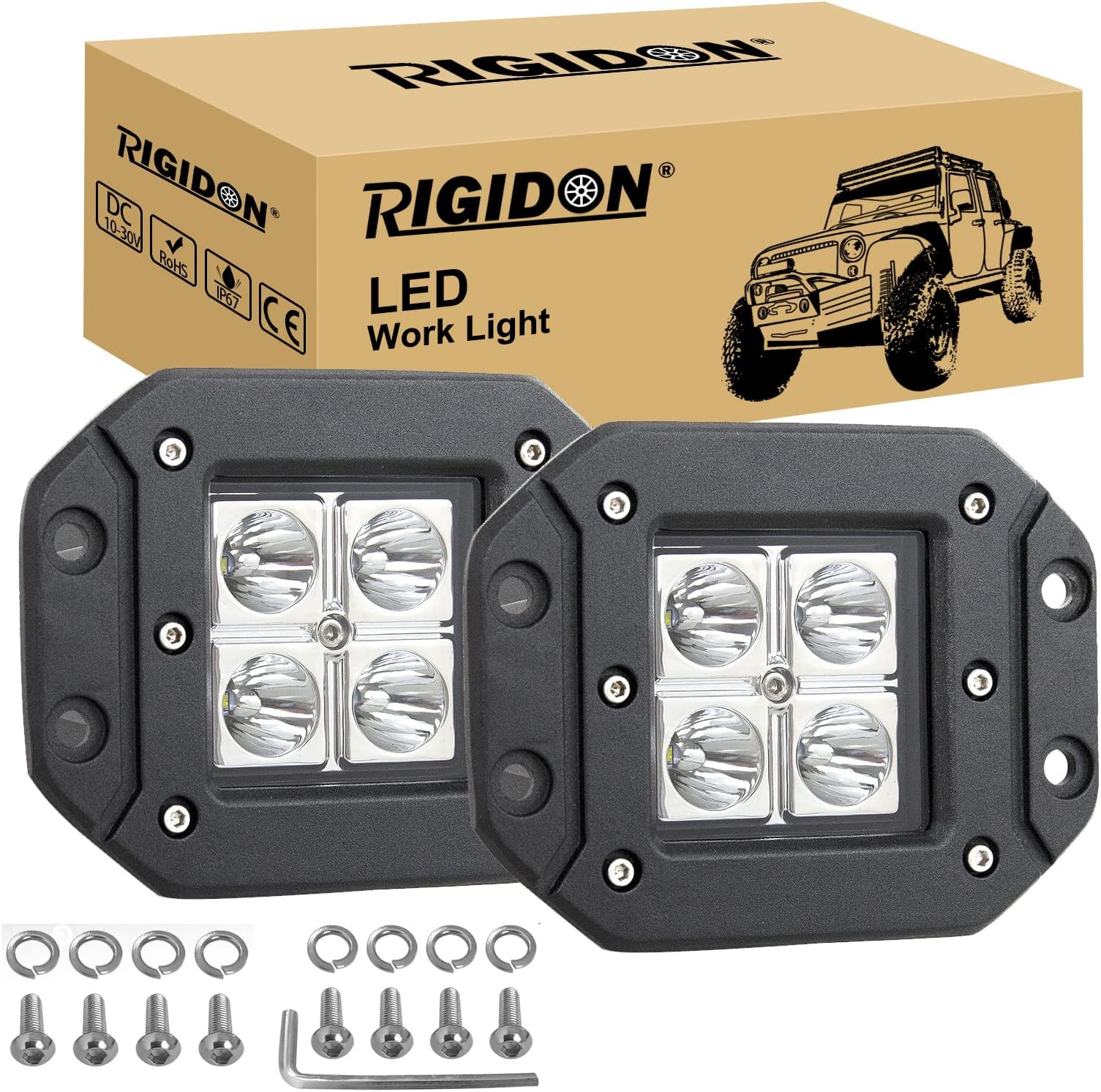RIGIDON 2 x LED Headlight Ramps, 5 Inches 12 W 12 V 24 V LED Work Light, Spotlights Work Lights for Offroad Car Trucks SUV ATV 4x4 Tractor Boat, 6000K Fog Light