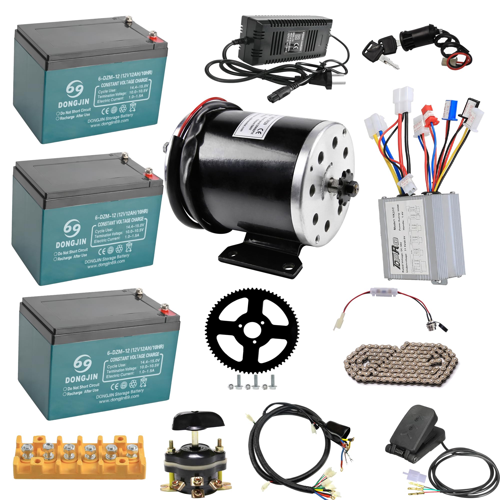 ICONSPORTSS 36V 500W MY1020 Electric Brushed DC Motor Kit with Controller, Batteries, Sprocket, Chain– for Go Kart, Razor MX350, MX500, MX400 Dirt Bike, Scooter, Go Kart Project (Pedal)