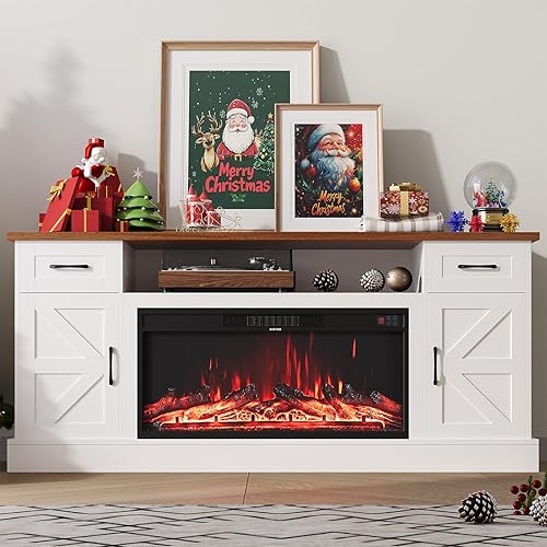 70 inch Fireplace TV Stand for Living Room, Electric Fireplace TV Stand with 12 Colors of 3D Flame & Heating, Entertainment Center with Storage Cabinet (White, Farmhouse)