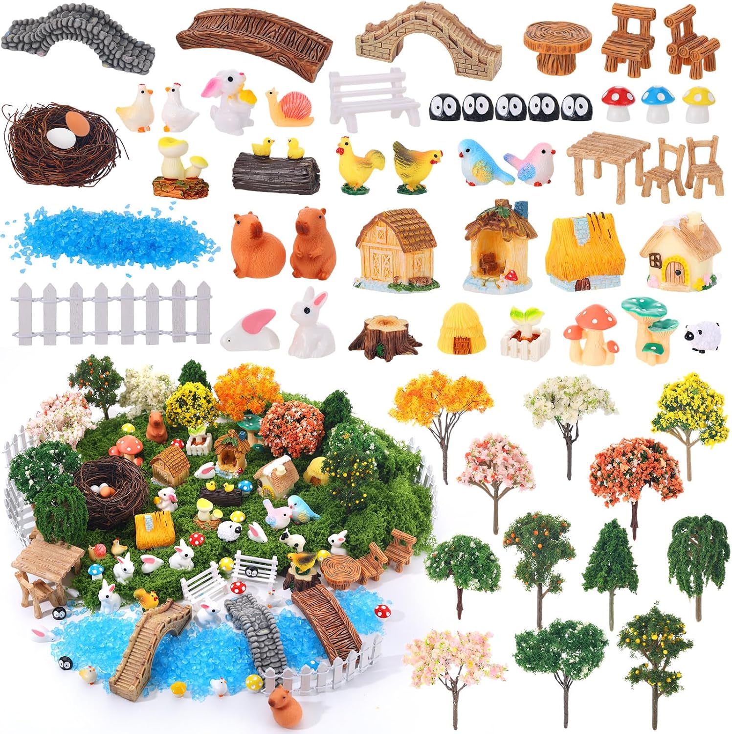 87 PCS Miniature Fairy Garden Accessories Kit with Moss & Trees Micro Landscape Ornament Village Set Resin Animal Figurines for Terrarium Bonsai Succulent Dollhouse Decor