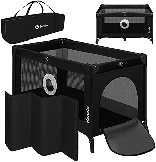 Lionelo Stefi Baby Kinderbett, Reisebett ab Geburt bis 15 kg, Seiteneingang, Sicherungssystem LockGuard, Blockade der Räder, Tragetasche, zusammenklappbar