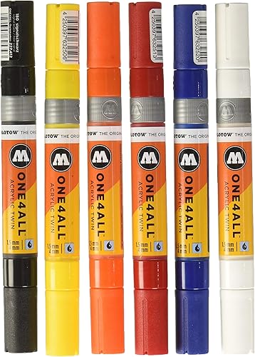 MOLOTOW ONE4ALL - Marcador acrílico de doble bomba básica, 1 juego, 6 marcadores, puntas duales punta de 0.059 in y punta de 0.157 in, colores