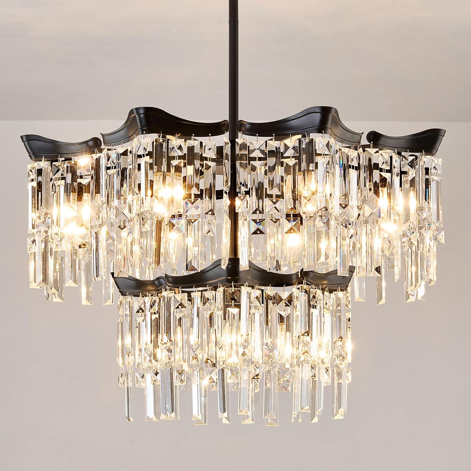 YYJLX Modern Crystal Chandelier 12 Light 27" Large Ceiling Light Fixture Black Farmhouse Semi Flush Mount Chandelier for Dining Room Living Room Kitchen Island Entryway Foyer