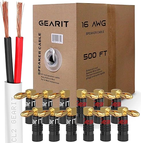 GearIT Cable de altavoz blanco CL2 de 16 AWG de 500 pies y plátano de ángulo Rt de 12