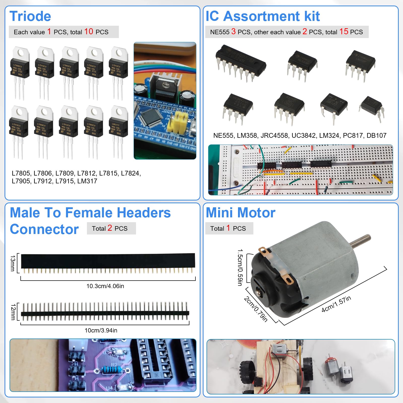 Assortimento di 1780 componenti elettronici con resistenza a strato metallico, condensatore, diodi, diodi luminosi LED, kit potenziometro, transistor, circuito stampato, Summer, Triode