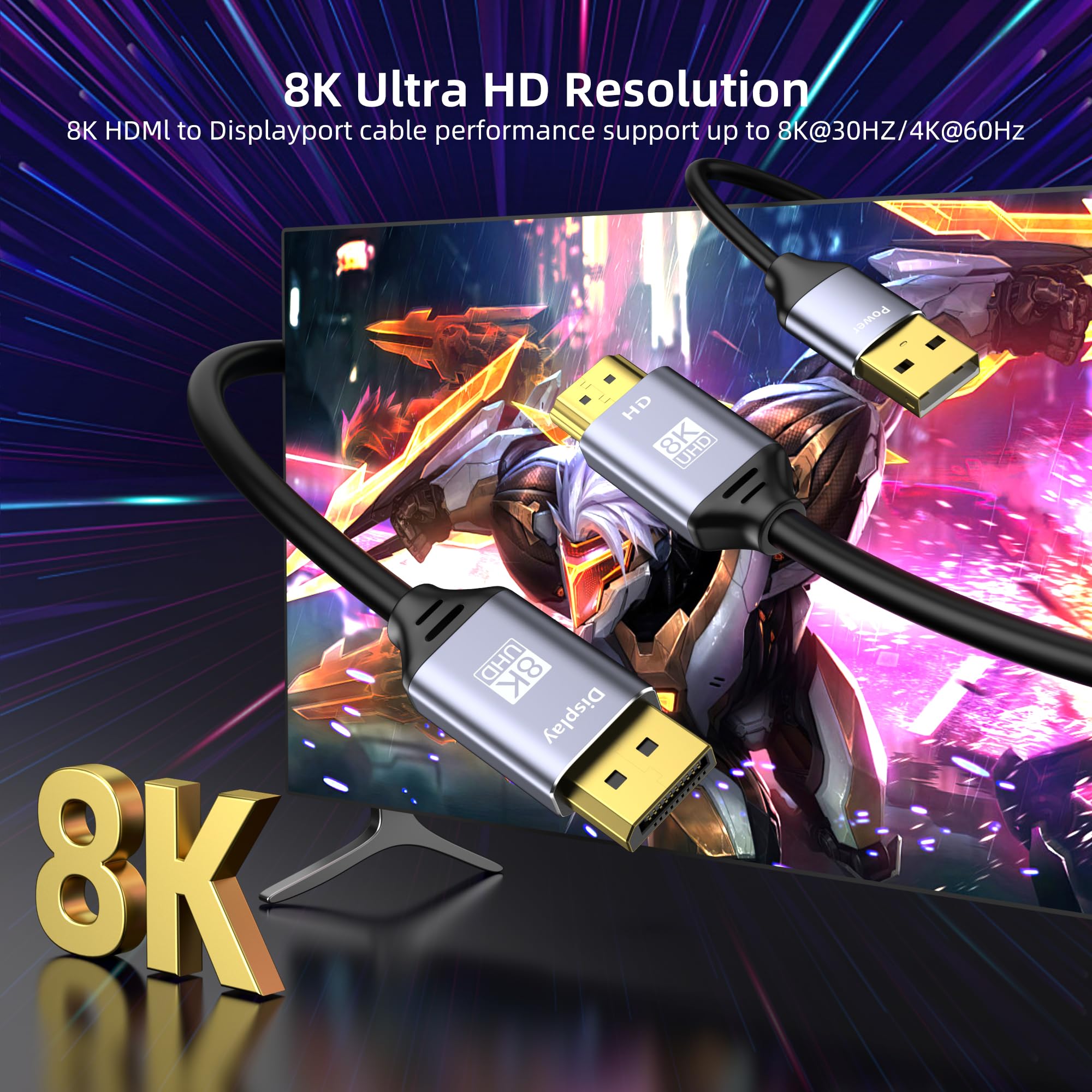 Cavo da HDMI a Displayport, adattatore da HDMI 2.1 a Displayport 1.4 4K a 120 Hz, alimentazione USB, per laptop, GPU discrete, PS5 e Xbox Series X e monitor da gioco