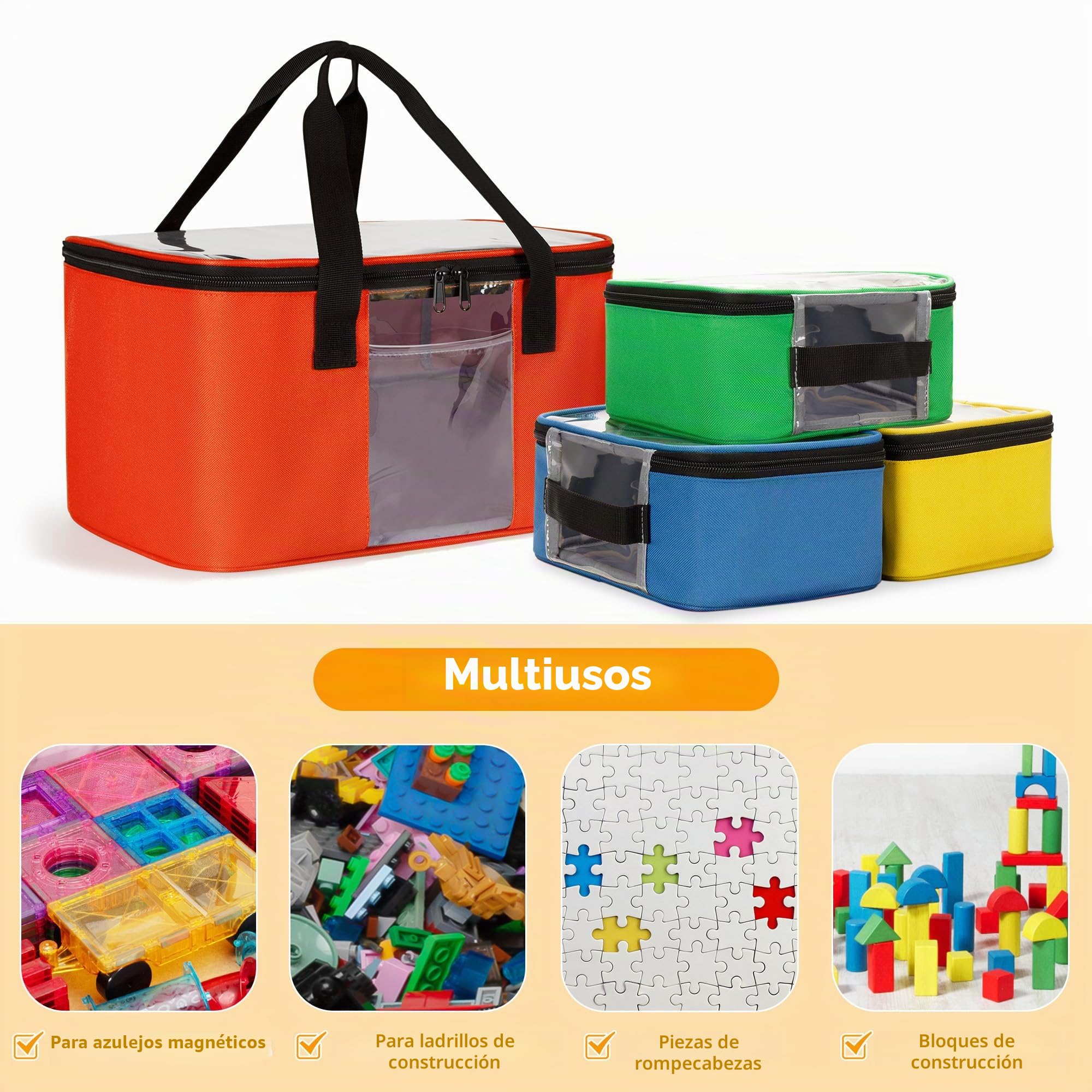 Rexmica 4 Piezas Bolsas de Almacenamiento para Bloques Magnéticos, Bolsa de Viaje para Juguetes de Construcción, Juegos de Mesa, Rompecabezas y Varios Juguetes Pequeños