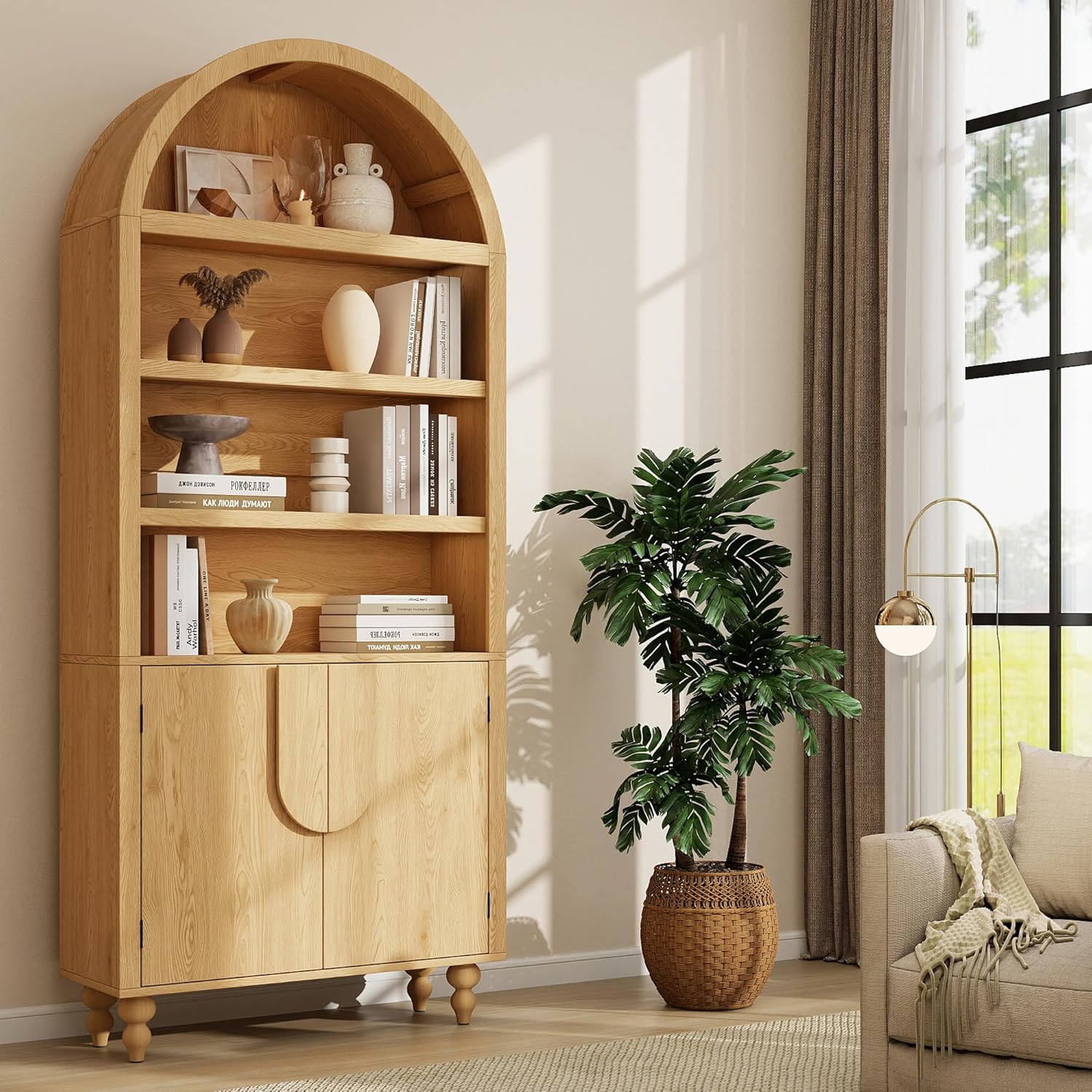 Book Shelf 71" Tall Bookcase with Doors, 6 Tier Arched Cabinet with Adjustable Shelves and Gourd-Shaped Legs, Modern Farmhouse Bookshelf Storage Cabinet for Living Room Home Office Library Bedroom