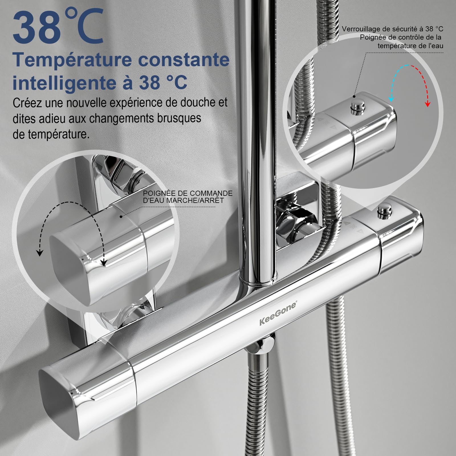 Colonne de Douche Thermostatique Inox 25cm Pluie Tropicale Pommeau 3 Jets Réglable Hauteur Protection Anti Brûlure Économie d'Eau Installation Rapide Ensemble de Douche avec Mitigeur