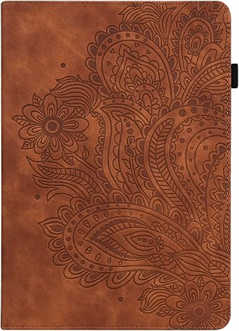 for Samsung Galaxy Tab A 10.1 Case 2016 Old Model (SM-T580/T585/T587) (NO S Pen Version) Stand Folio Embossed Pattern PU Leather Wallet Cover with Pencil Holder Pockets, Brown Peacock Flower
