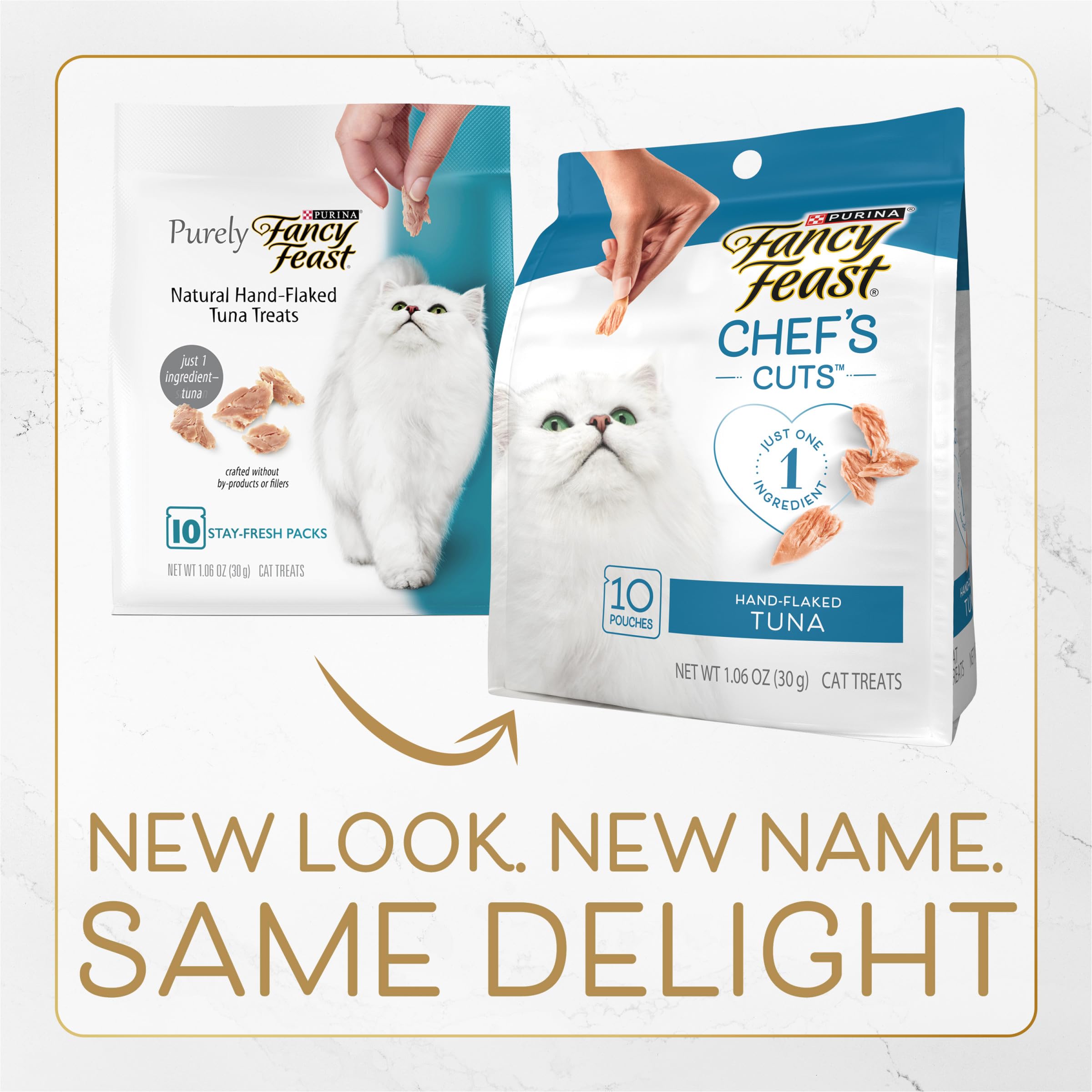 Purina Fancy Feast Natural Cat Treats - Copos de atún cortados a mano, 5 x 10 bolsas
