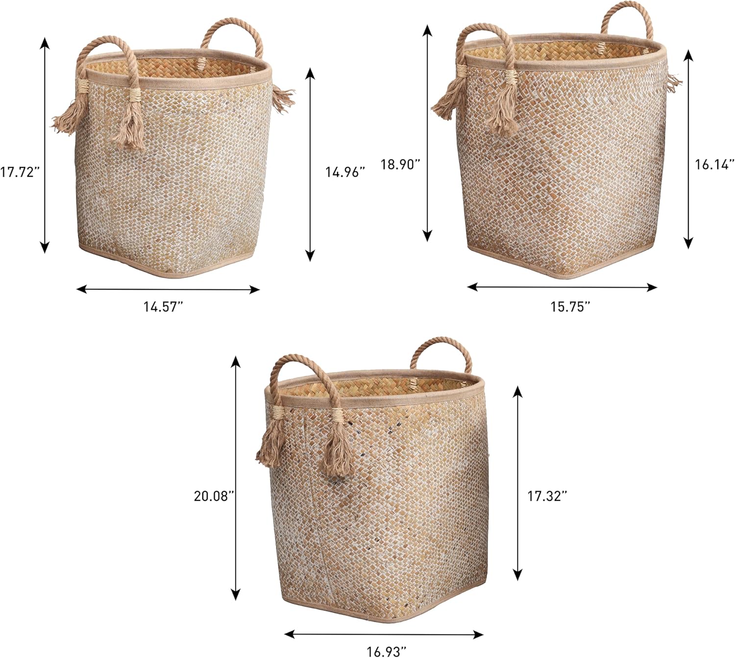 happimess BSK2026W-3SET Celia Rustic Coastal Handwoven Palm Leaf Nesting Storage Baskets with Rope Handles, Seagrass Containers for Decoration in Living Room, Bedroom, Natural/White (Set of 3)