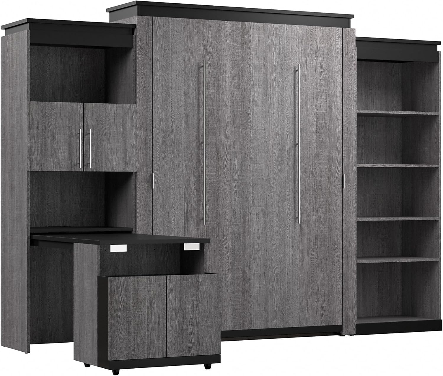 Bestar Orion Queen Murphy Bed with Shelves and Storage Cabinet with Fold-Out Desk (126W) in Bark Grey and Graphite, Sleeping Arrangement with Work Surface