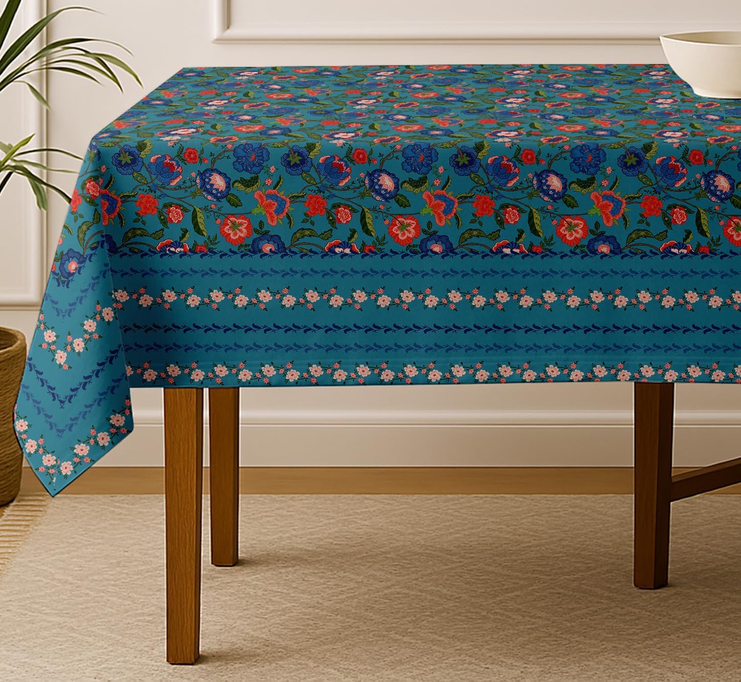 Leaves Design Tablecloth- Blue 60x60 Inch Cotton Twill Dining Table Cover, Perfect for 4 Seater Tables, Durable, Protective & Washable, Ideal for Everyday Use, Festive Occasions & Gatherings