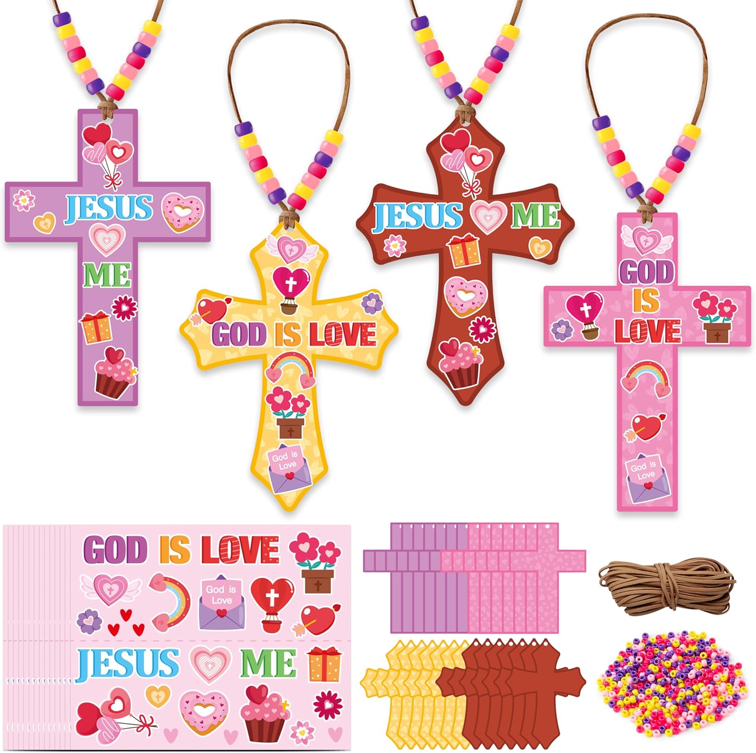 BeYumi Easter Cross Necklace Craft - 28Pcs Easter Religious Cross Necklace Craft Kit for Kids DIY He is Risen Sticker and Beads Christian Decor Sunday School Classroom Party Activities