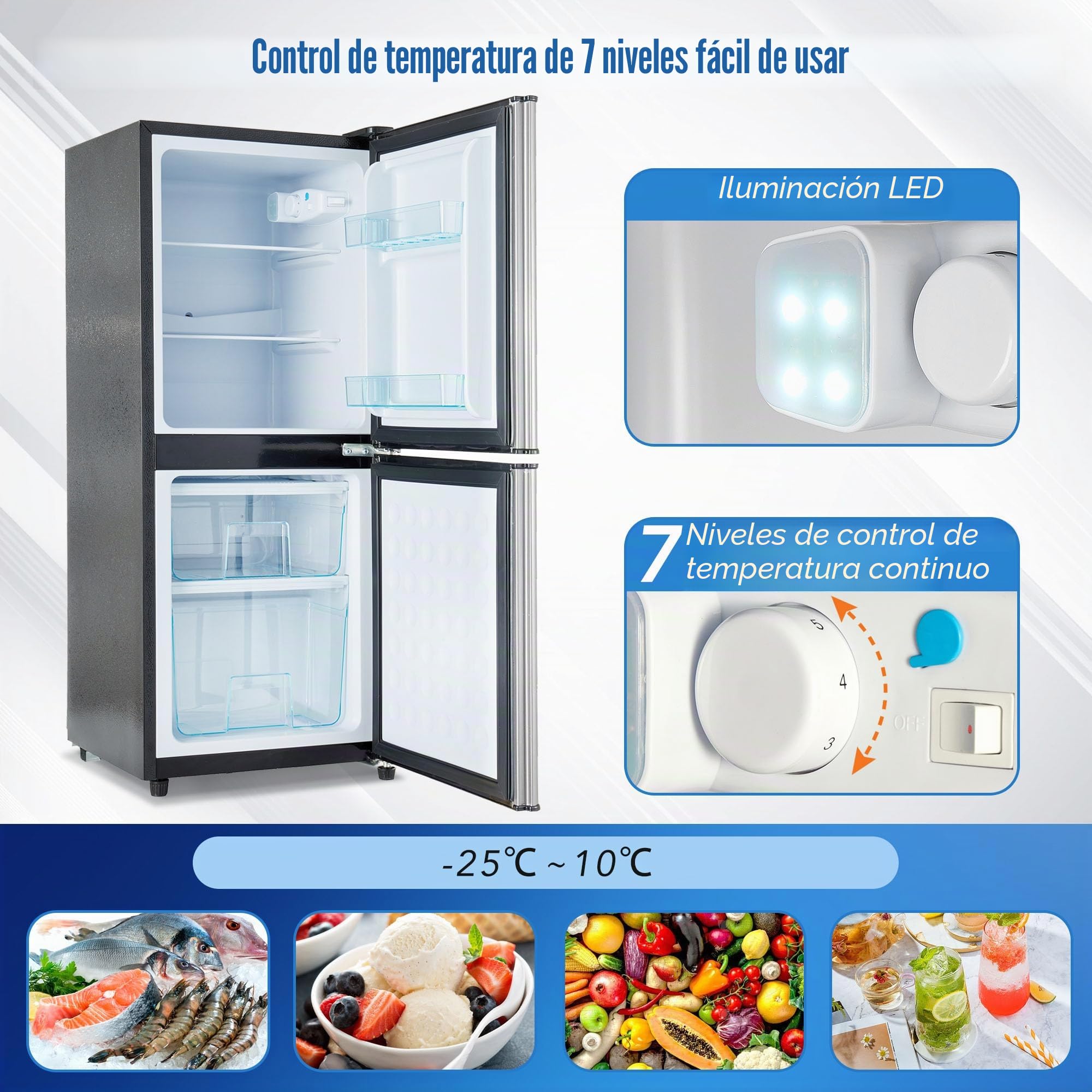 Merax Frigorífico con congelador de 106 L, nevera con congelador de 60 L, congelador de 46 L, 7 ajustes de temperatura, iluminación LED, estantes ajustables, silencioso, 45 dB, gris plateado