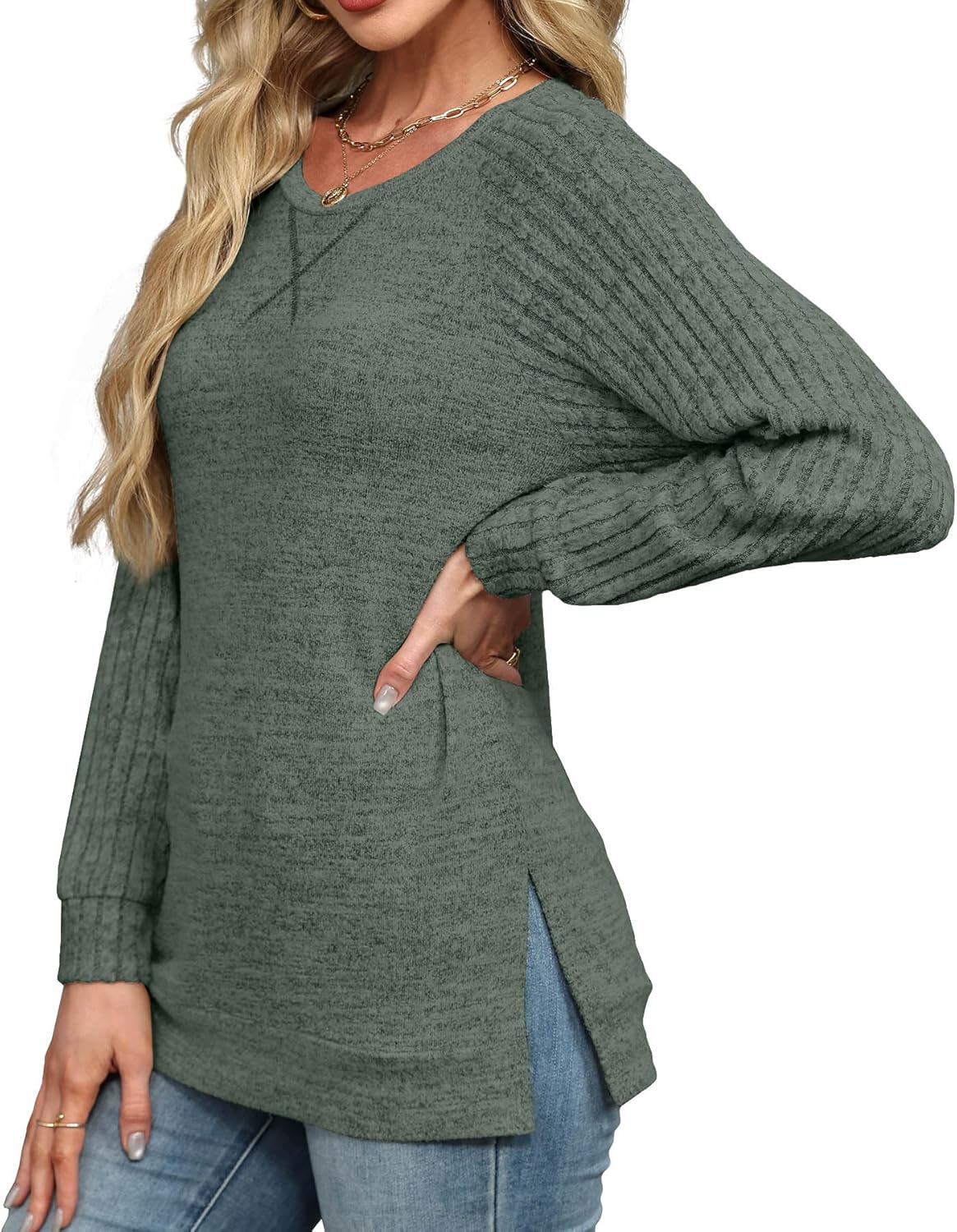 JomeDesign Long Sleeve Shirts for Women Crew Neck Sweatshirts Lightweight Sweaters Side Split Loose Casual Blouses - Image 2